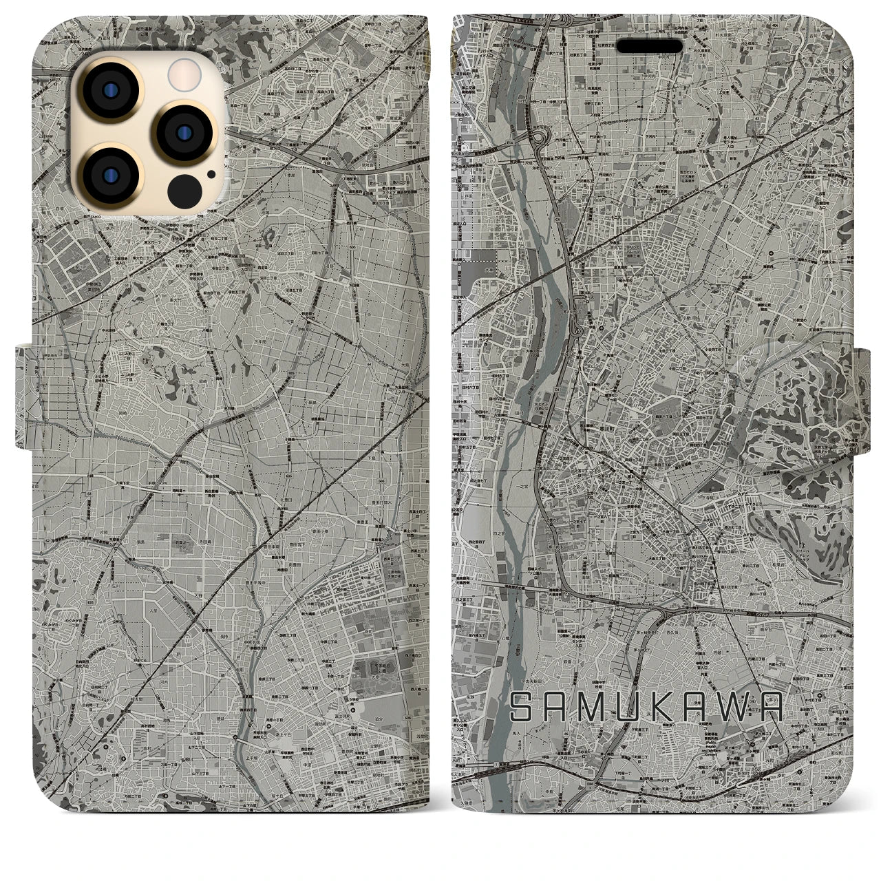 【寒川(神奈川県)】地図柄iPhoneケース(手帳タイプ)モノトーン・iPhone 12 Pro Max 用