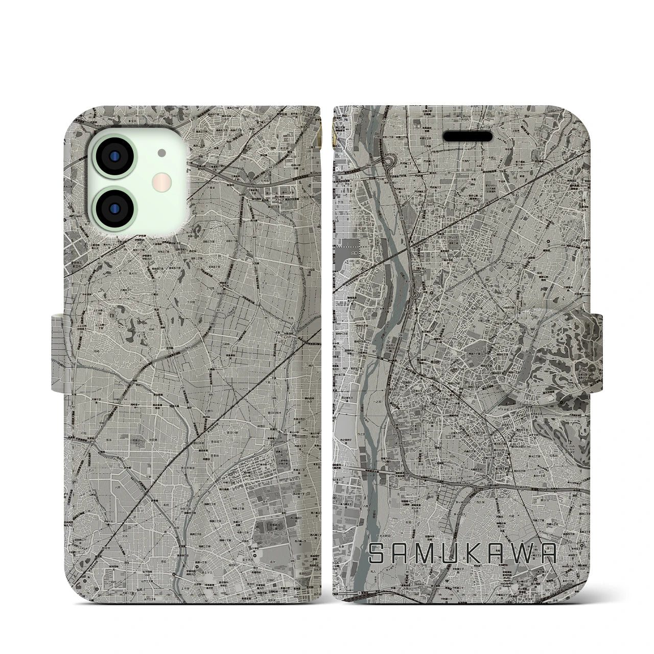 【寒川(神奈川県)】地図柄iPhoneケース(手帳タイプ)モノトーン・iPhone 12 mini 用