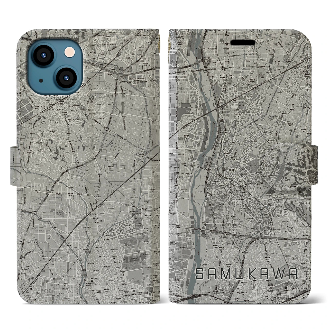 【寒川(神奈川県)】地図柄iPhoneケース(手帳タイプ)モノトーン・iPhone 13 用
