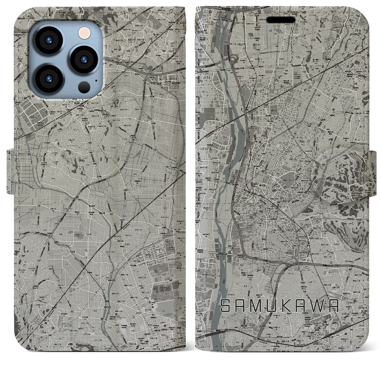 【寒川(神奈川県)】地図柄iPhoneケース(手帳タイプ)モノトーン・iPhone 13 Pro Max 用