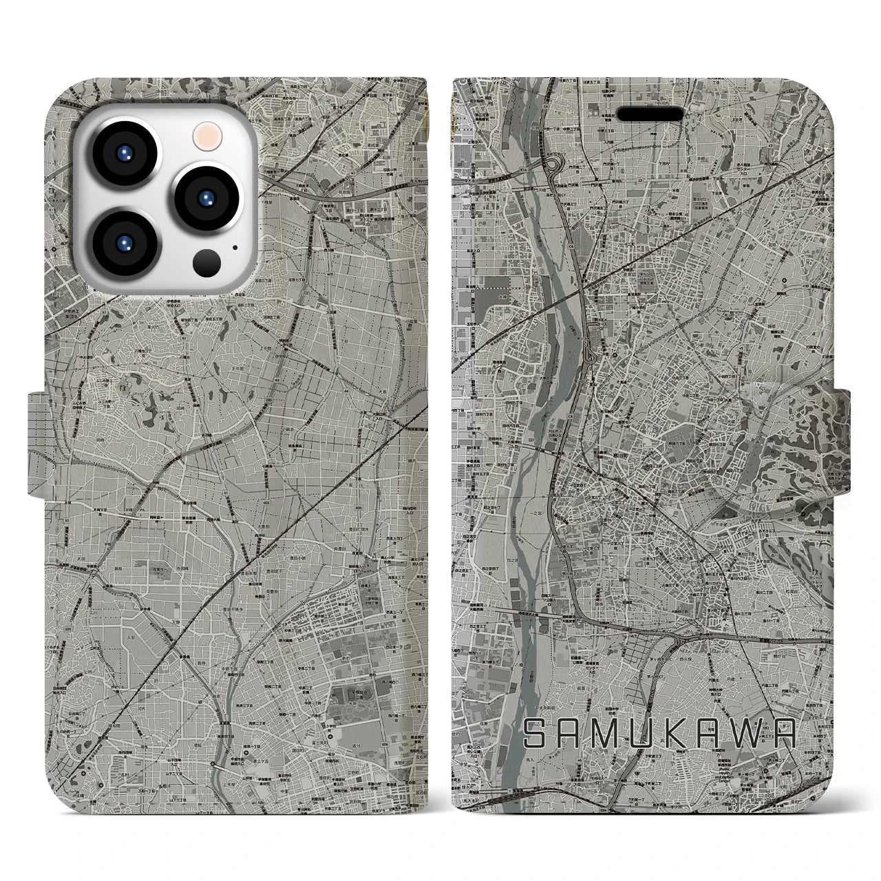 【寒川(神奈川県)】地図柄iPhoneケース(手帳タイプ)モノトーン・iPhone 13 Pro 用