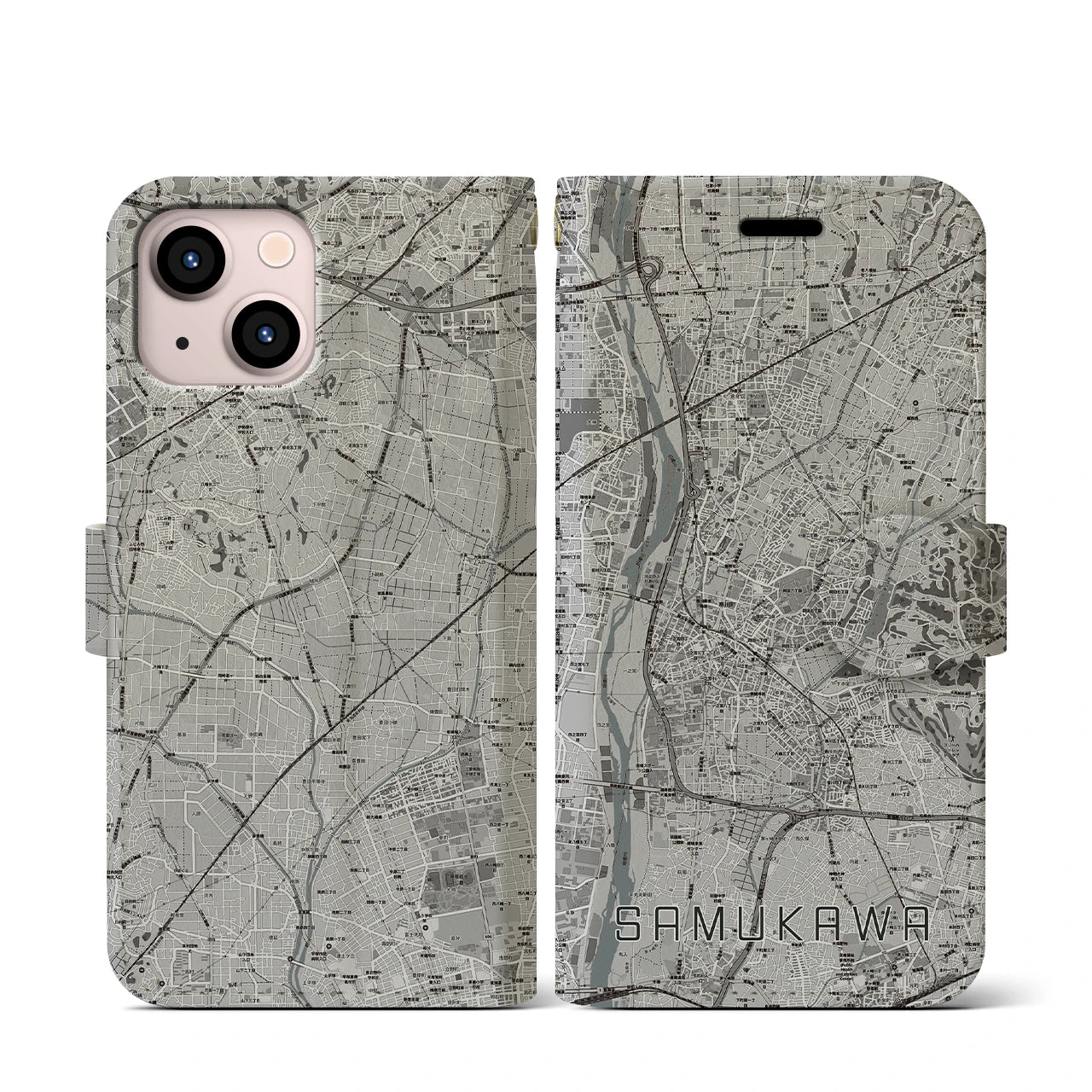 【寒川(神奈川県)】地図柄iPhoneケース(手帳タイプ)モノトーン・iPhone 13 mini 用