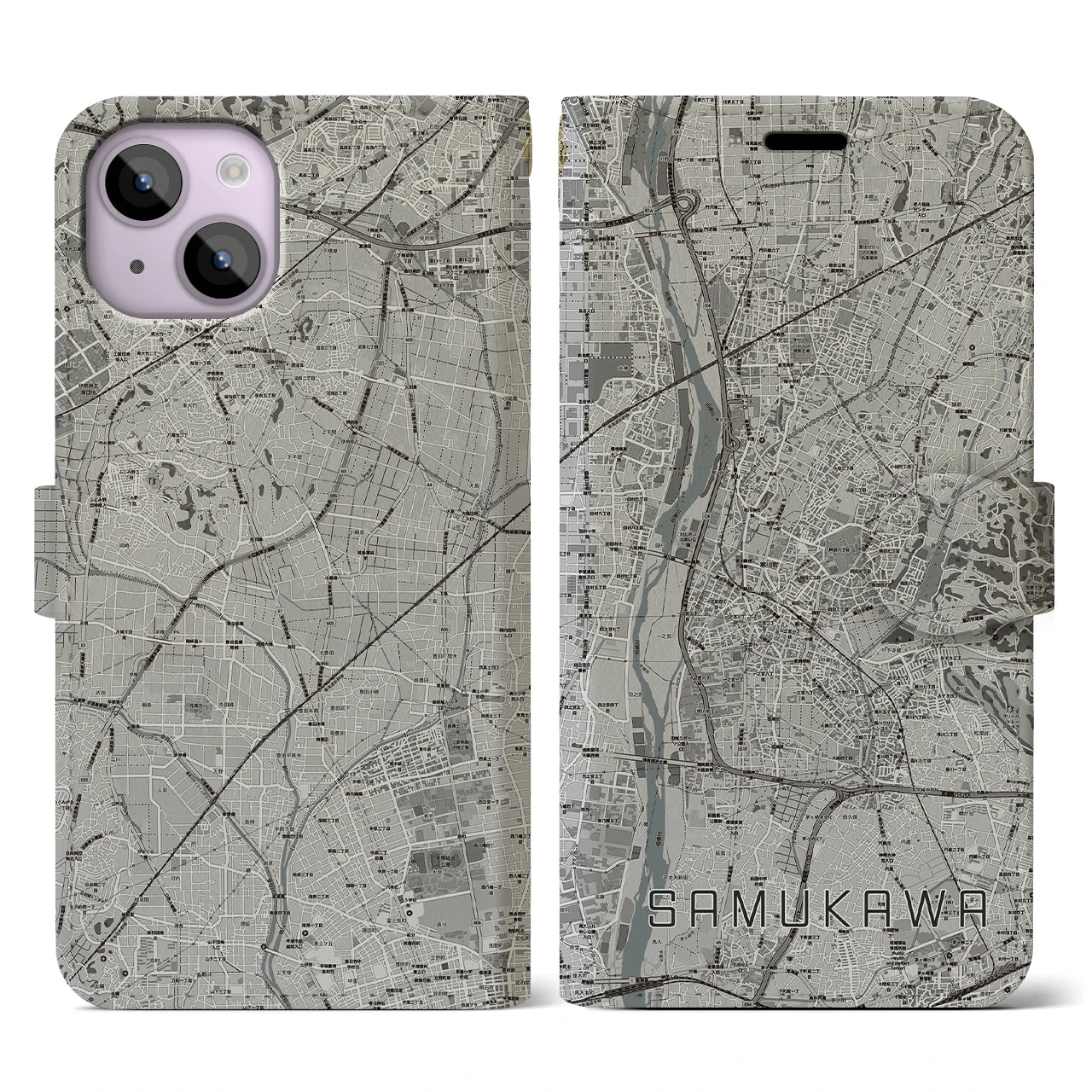 【寒川(神奈川県)】地図柄iPhoneケース(手帳タイプ)モノトーン・iPhone 14 用