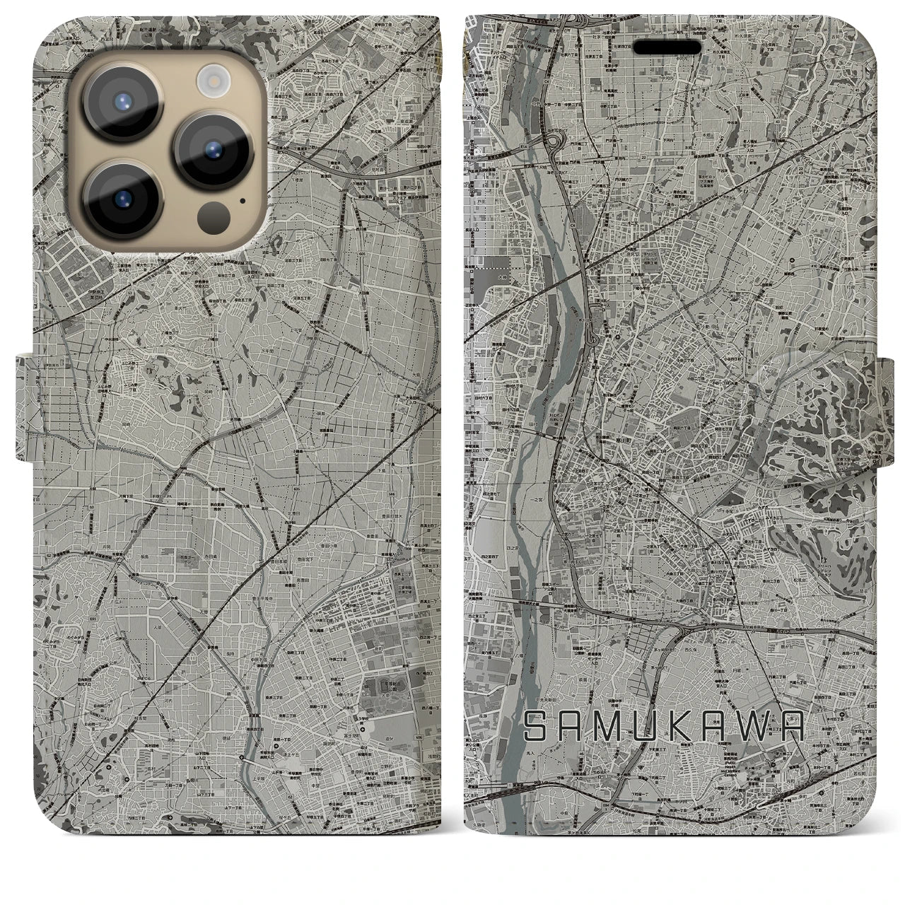 【寒川(神奈川県)】地図柄iPhoneケース(手帳タイプ)モノトーン・iPhone 14 Pro Max 用