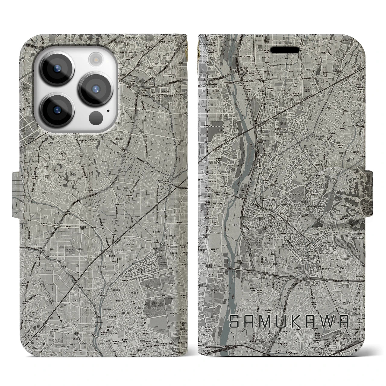 【寒川(神奈川県)】地図柄iPhoneケース(手帳タイプ)モノトーン・iPhone 14 Pro 用