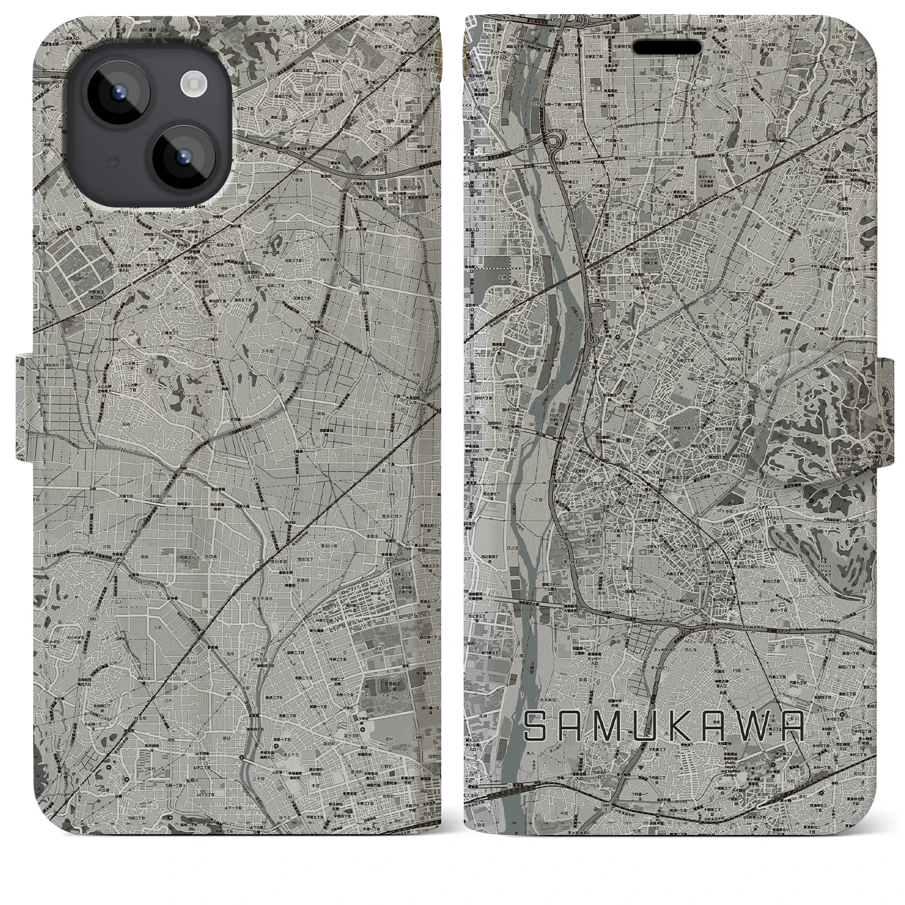 【寒川(神奈川県)】地図柄iPhoneケース(手帳タイプ)モノトーン・iPhone 14 Plus 用
