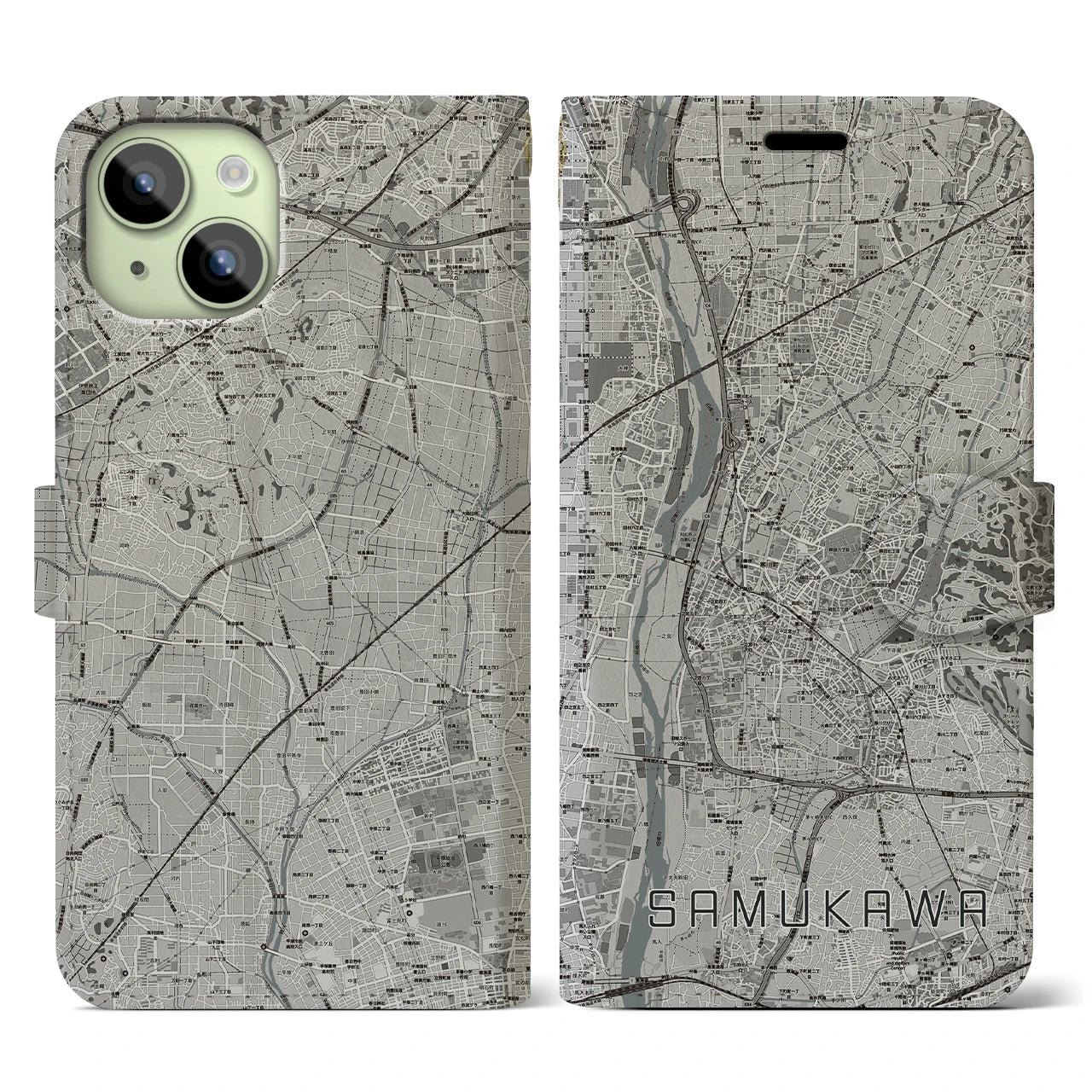 【寒川(神奈川県)】地図柄iPhoneケース(手帳タイプ)モノトーン・iPhone 15 用