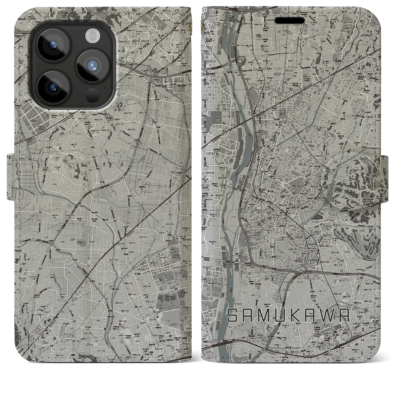 【寒川(神奈川県)】地図柄iPhoneケース(手帳タイプ)モノトーン・iPhone 15 Pro Max 用