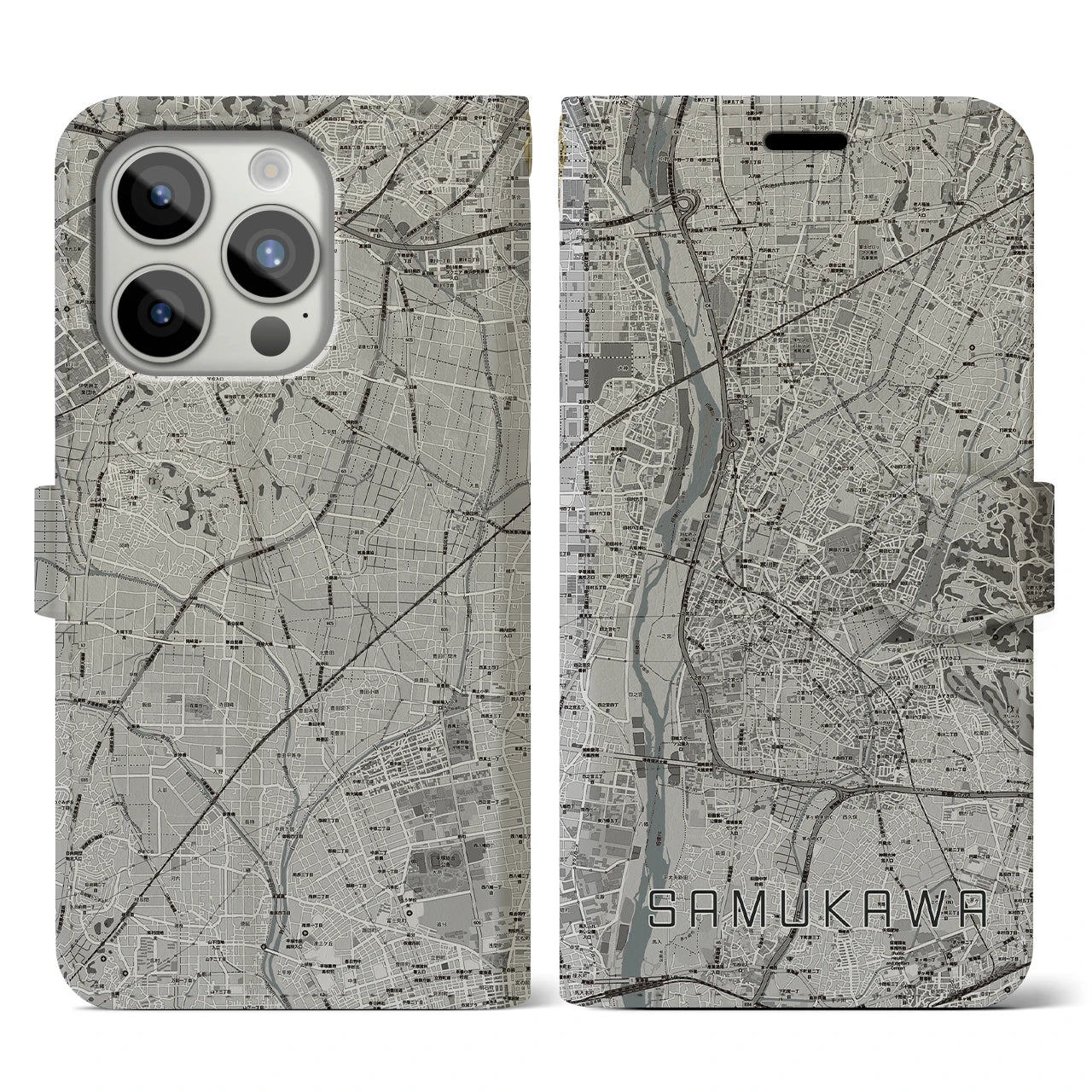 【寒川(神奈川県)】地図柄iPhoneケース(手帳タイプ)モノトーン・iPhone 15 Pro 用
