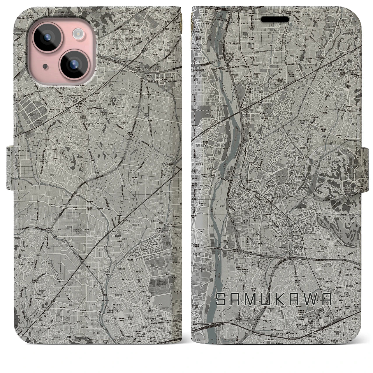 【寒川(神奈川県)】地図柄iPhoneケース(手帳タイプ)モノトーン・iPhone 15 Plus 用