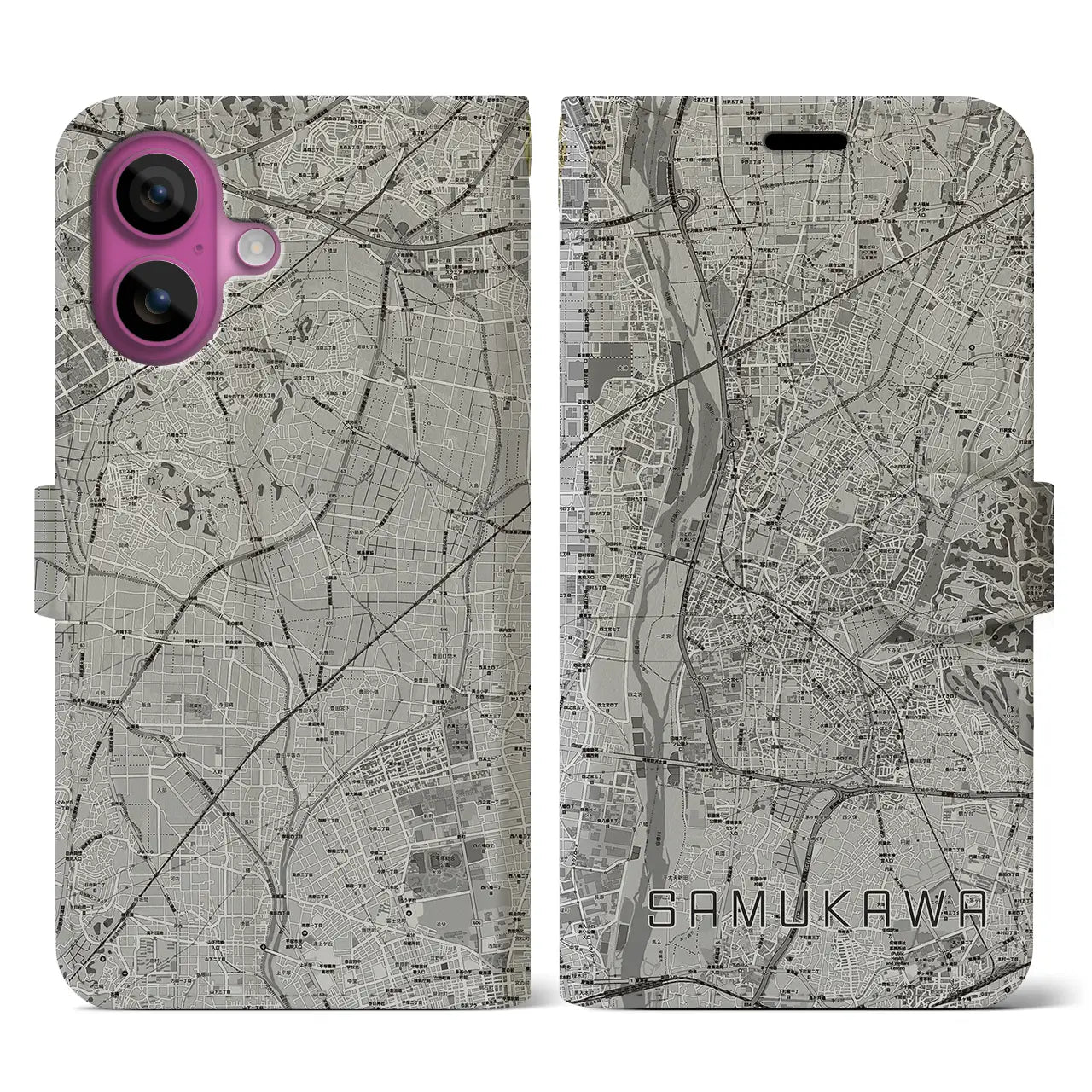 【寒川(神奈川県)】地図柄iPhoneケース(手帳タイプ)モノトーン・iPhone 16 Pro 用
