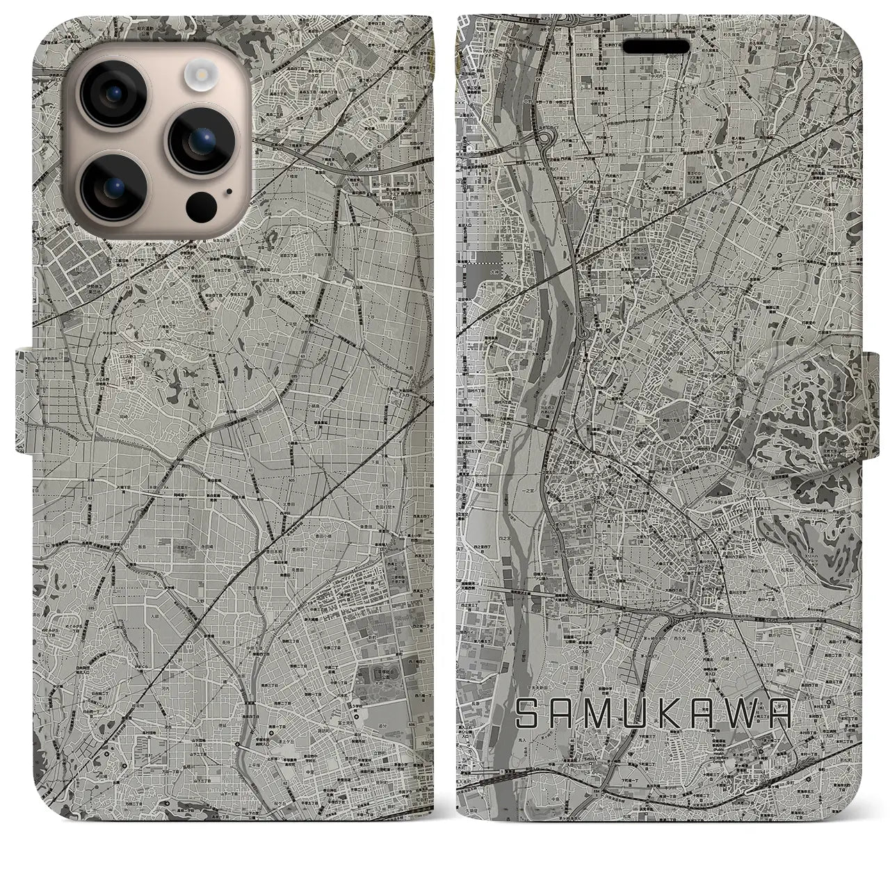【寒川(神奈川県)】地図柄iPhoneケース(手帳タイプ)モノトーン・iPhone 16 Plus 用
