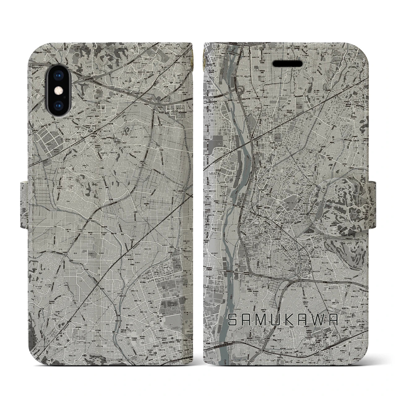 【寒川(神奈川県)】地図柄iPhoneケース(手帳タイプ)モノトーン・iPhone XS / X 用