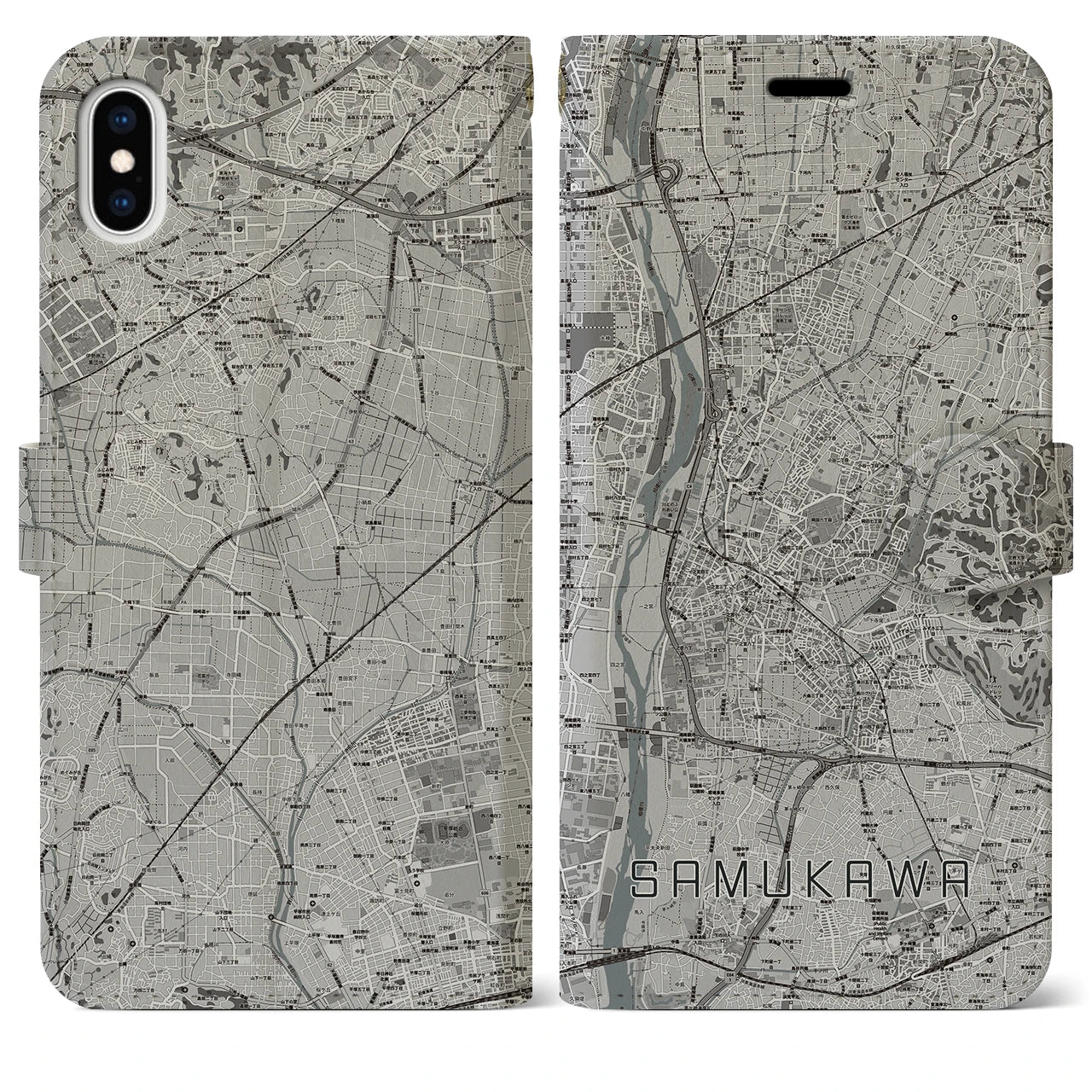 【寒川(神奈川県)】地図柄iPhoneケース(手帳タイプ)モノトーン・iPhone XS Max 用