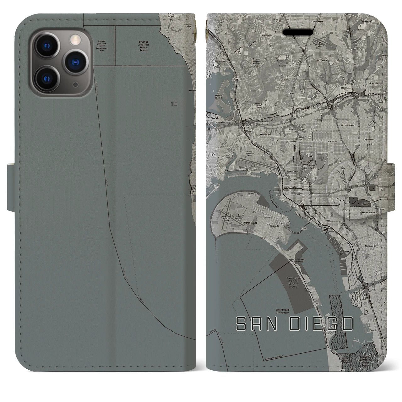 【サンディエゴ(アメリカ)】地図柄iPhoneケース(手帳タイプ)モノトーン・iPhone 11 Pro Max 用