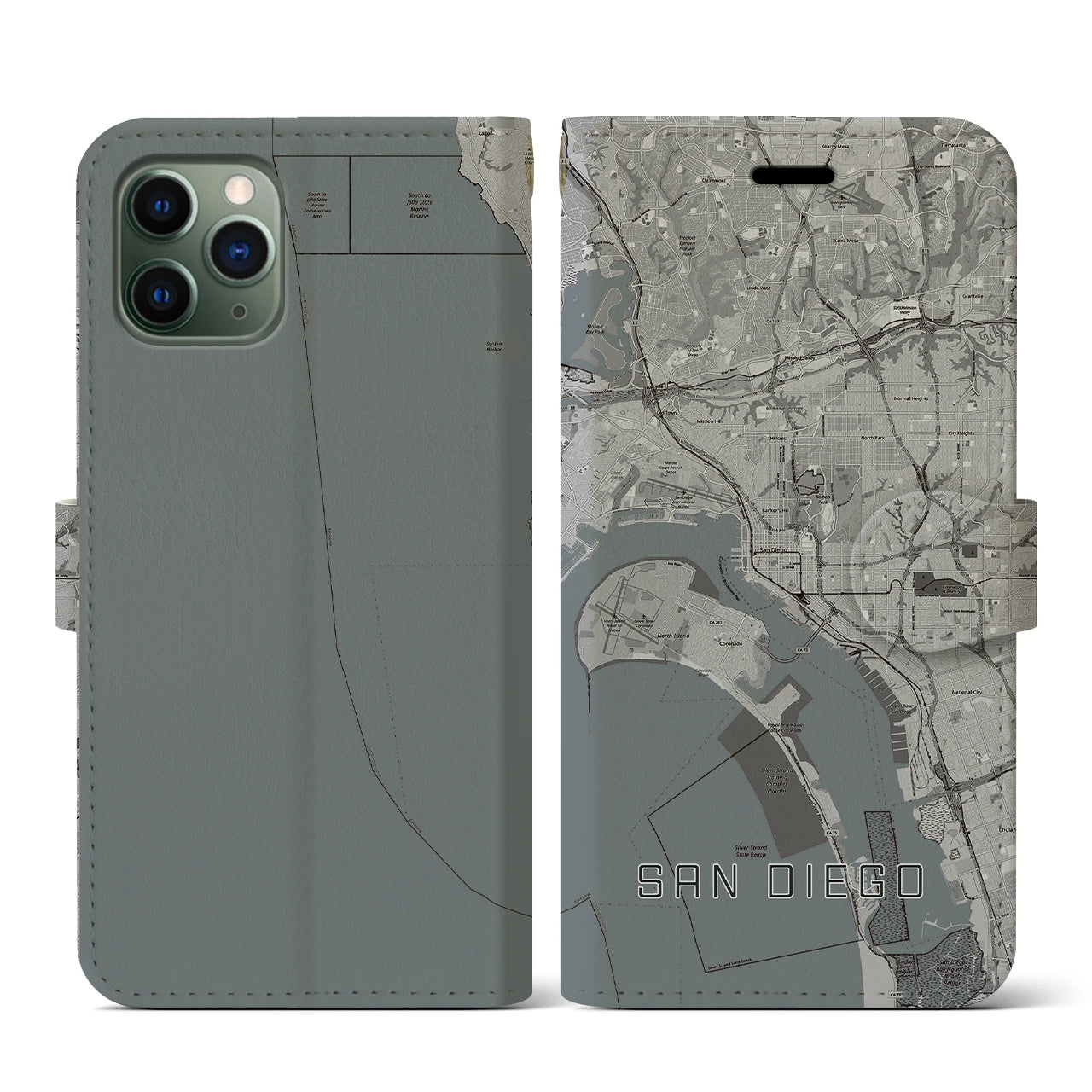 【サンディエゴ(アメリカ)】地図柄iPhoneケース(手帳タイプ)モノトーン・iPhone 11 Pro 用