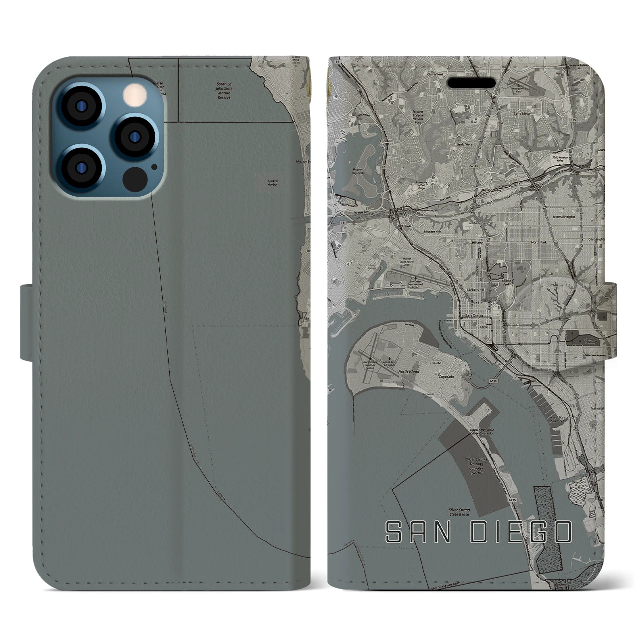 【サンディエゴ(アメリカ)】地図柄iPhoneケース(手帳タイプ)モノトーン・iPhone 12 / 12 Pro 用