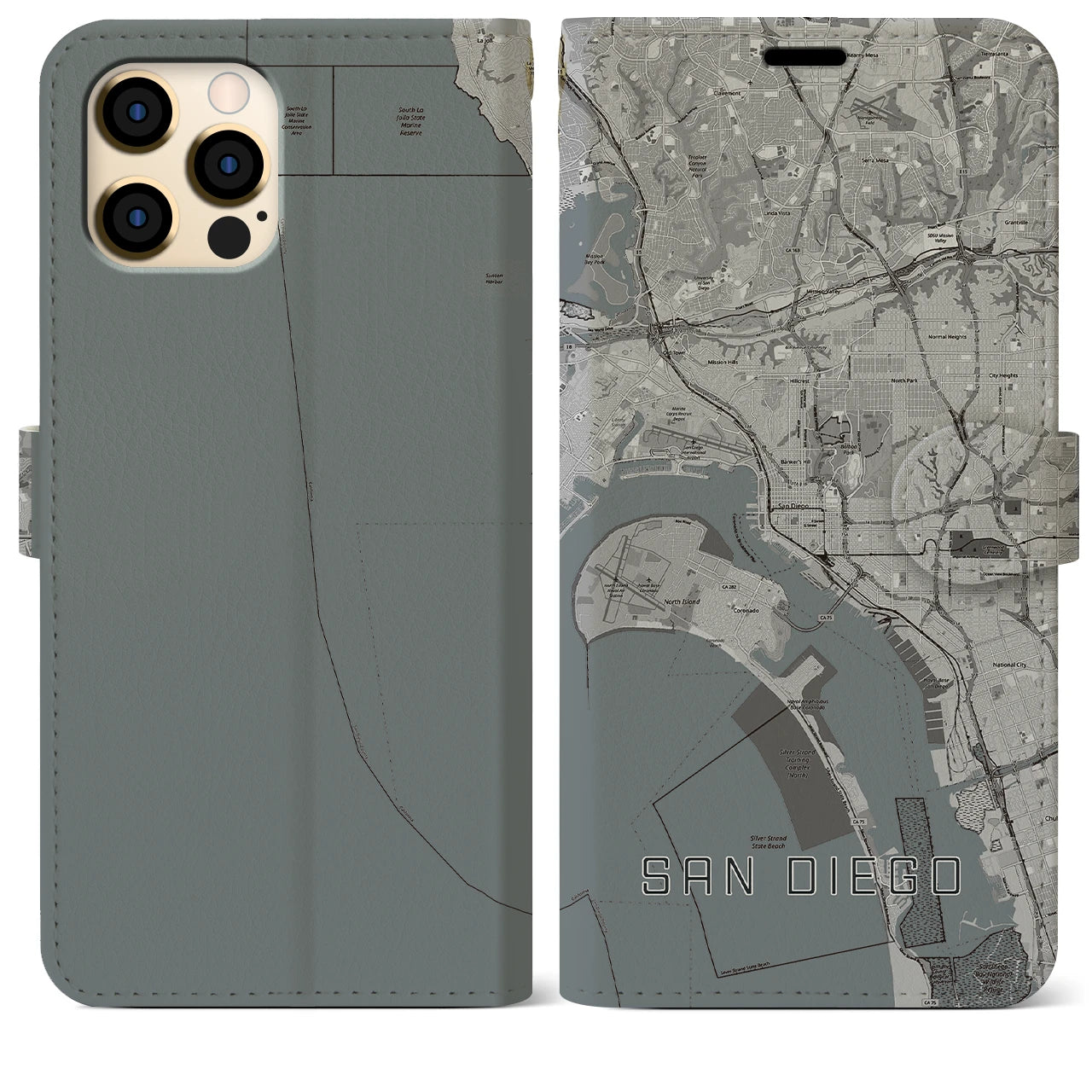 【サンディエゴ(アメリカ)】地図柄iPhoneケース(手帳タイプ)モノトーン・iPhone 12 Pro Max 用