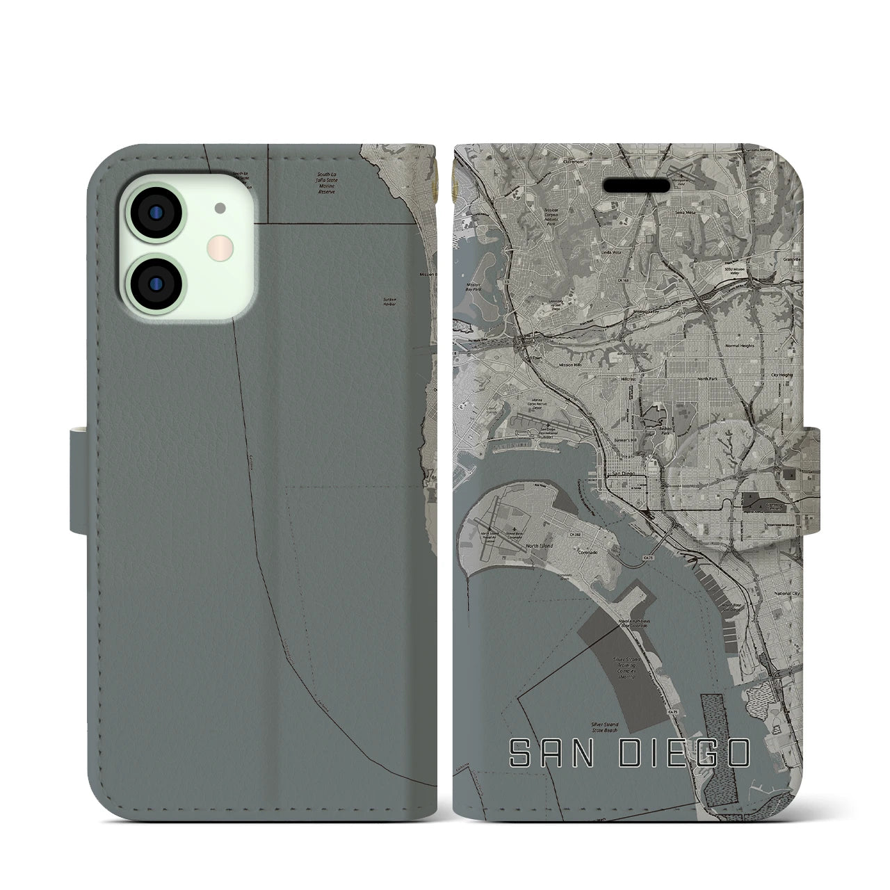 【サンディエゴ(アメリカ)】地図柄iPhoneケース(手帳タイプ)モノトーン・iPhone 12 mini 用