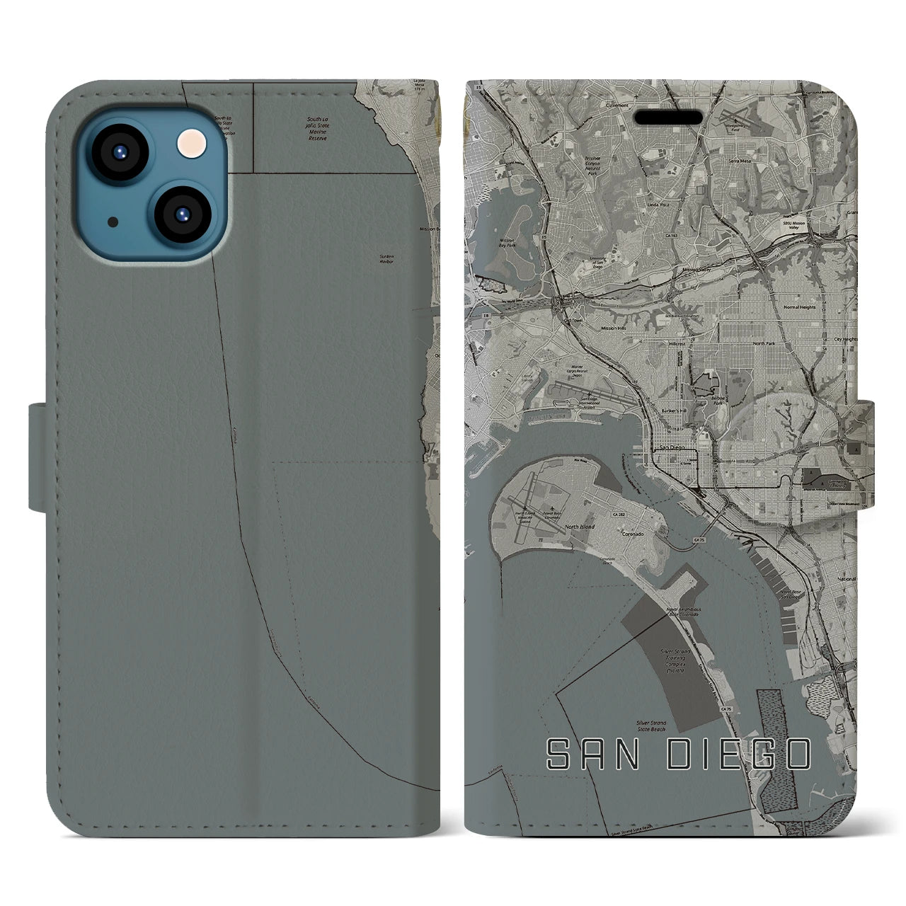 【サンディエゴ(アメリカ)】地図柄iPhoneケース(手帳タイプ)モノトーン・iPhone 13 用