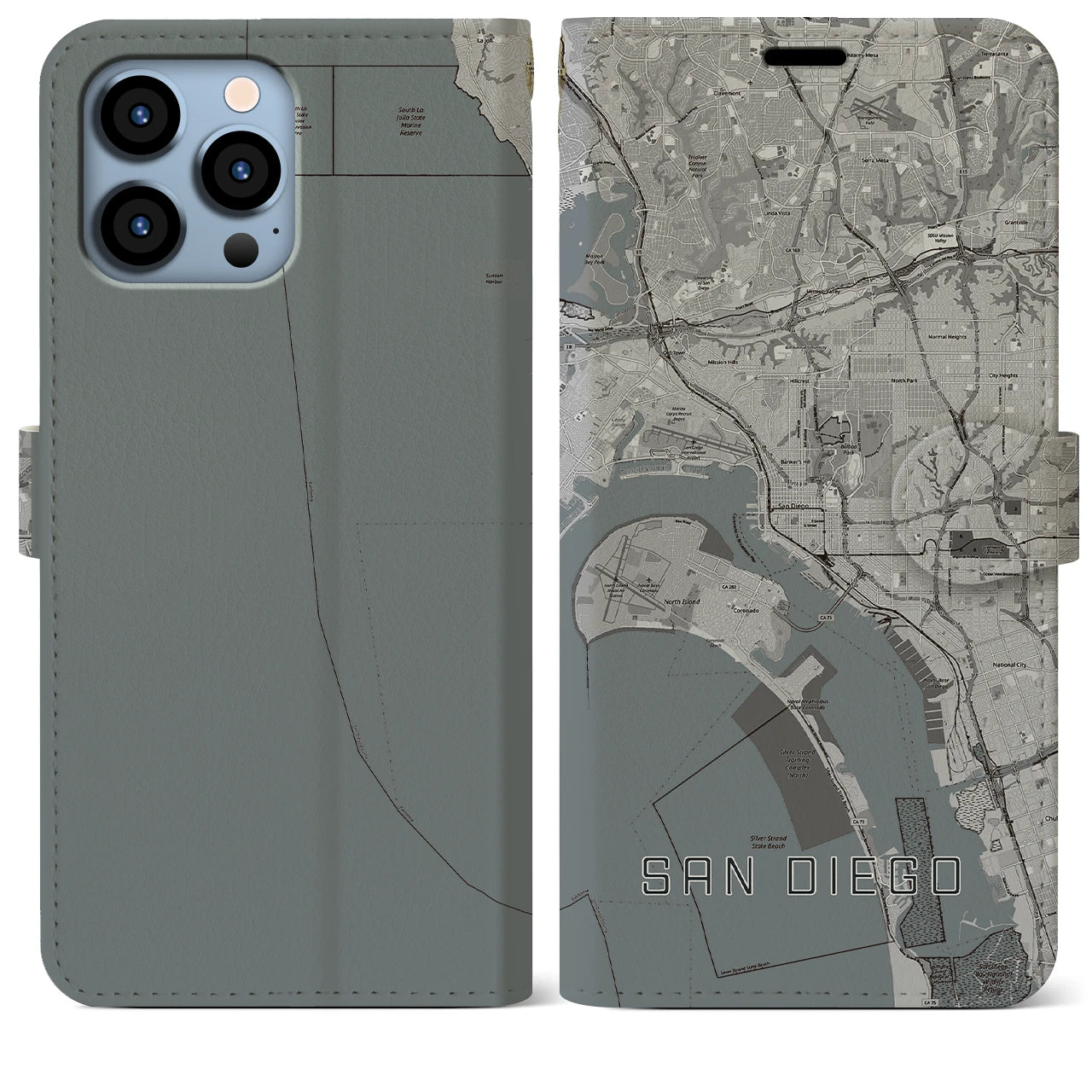 【サンディエゴ(アメリカ)】地図柄iPhoneケース(手帳タイプ)モノトーン・iPhone 13 Pro Max 用