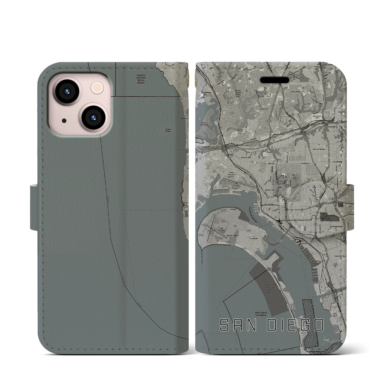 【サンディエゴ(アメリカ)】地図柄iPhoneケース(手帳タイプ)モノトーン・iPhone 13 mini 用