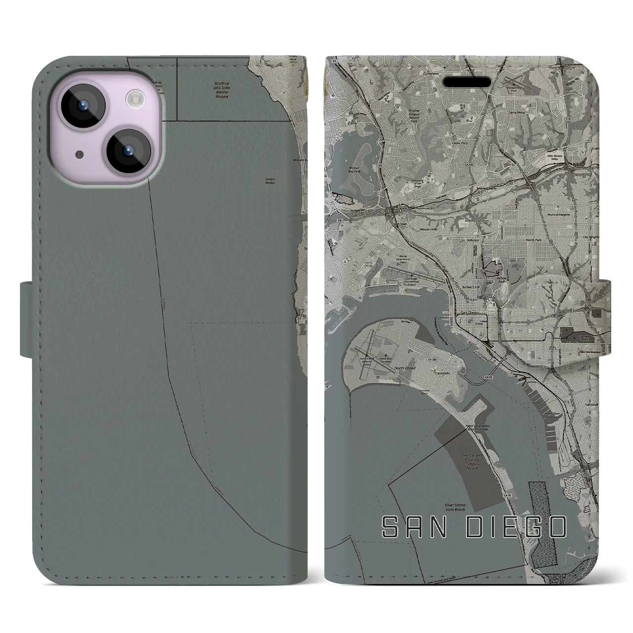 【サンディエゴ(アメリカ)】地図柄iPhoneケース(手帳タイプ)モノトーン・iPhone 14 用