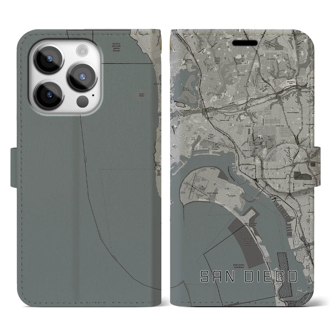 【サンディエゴ(アメリカ)】地図柄iPhoneケース(手帳タイプ)モノトーン・iPhone 14 Pro 用