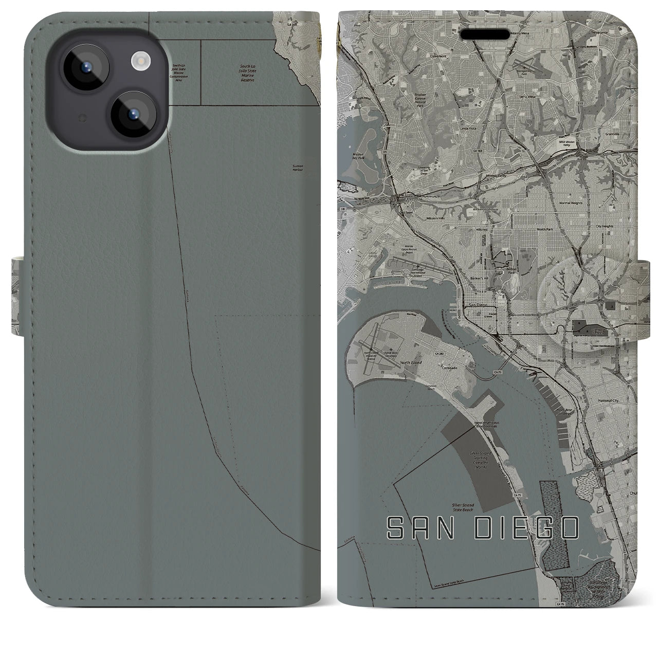 【サンディエゴ(アメリカ)】地図柄iPhoneケース(手帳タイプ)モノトーン・iPhone 14 Plus 用