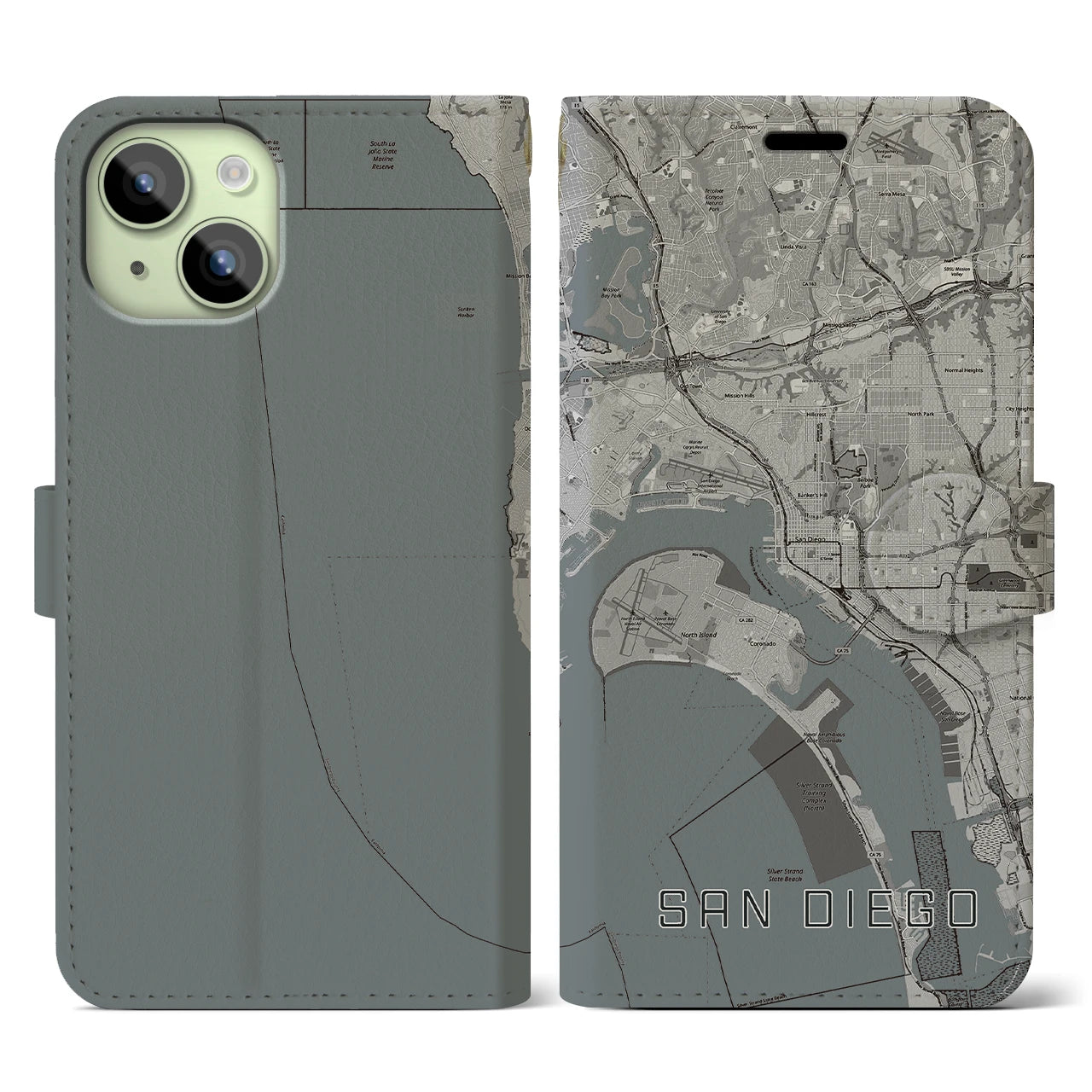 【サンディエゴ(アメリカ)】地図柄iPhoneケース(手帳タイプ)モノトーン・iPhone 15 用