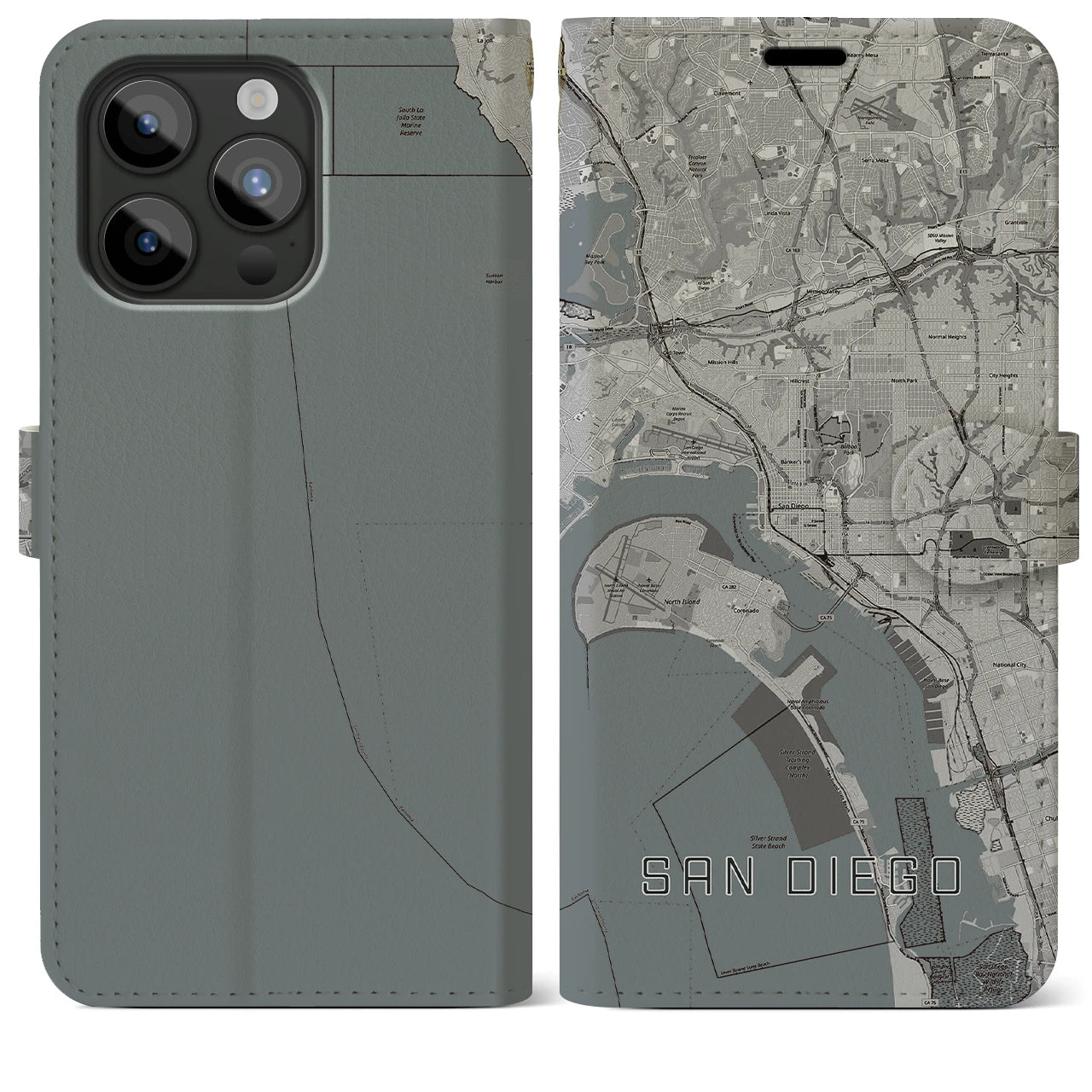 【サンディエゴ(アメリカ)】地図柄iPhoneケース(手帳タイプ)モノトーン・iPhone 15 Pro Max 用
