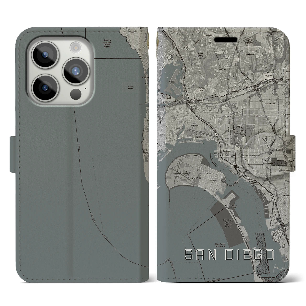 【サンディエゴ(アメリカ)】地図柄iPhoneケース(手帳タイプ)モノトーン・iPhone 15 Pro 用