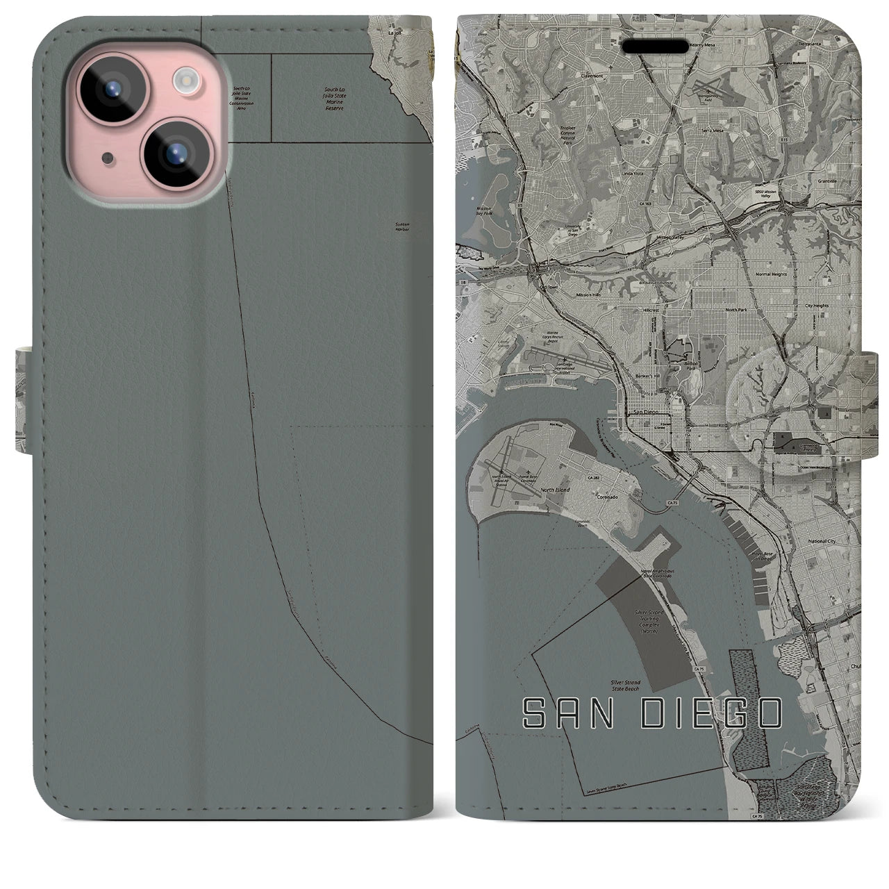 【サンディエゴ(アメリカ)】地図柄iPhoneケース(手帳タイプ)モノトーン・iPhone 15 Plus 用