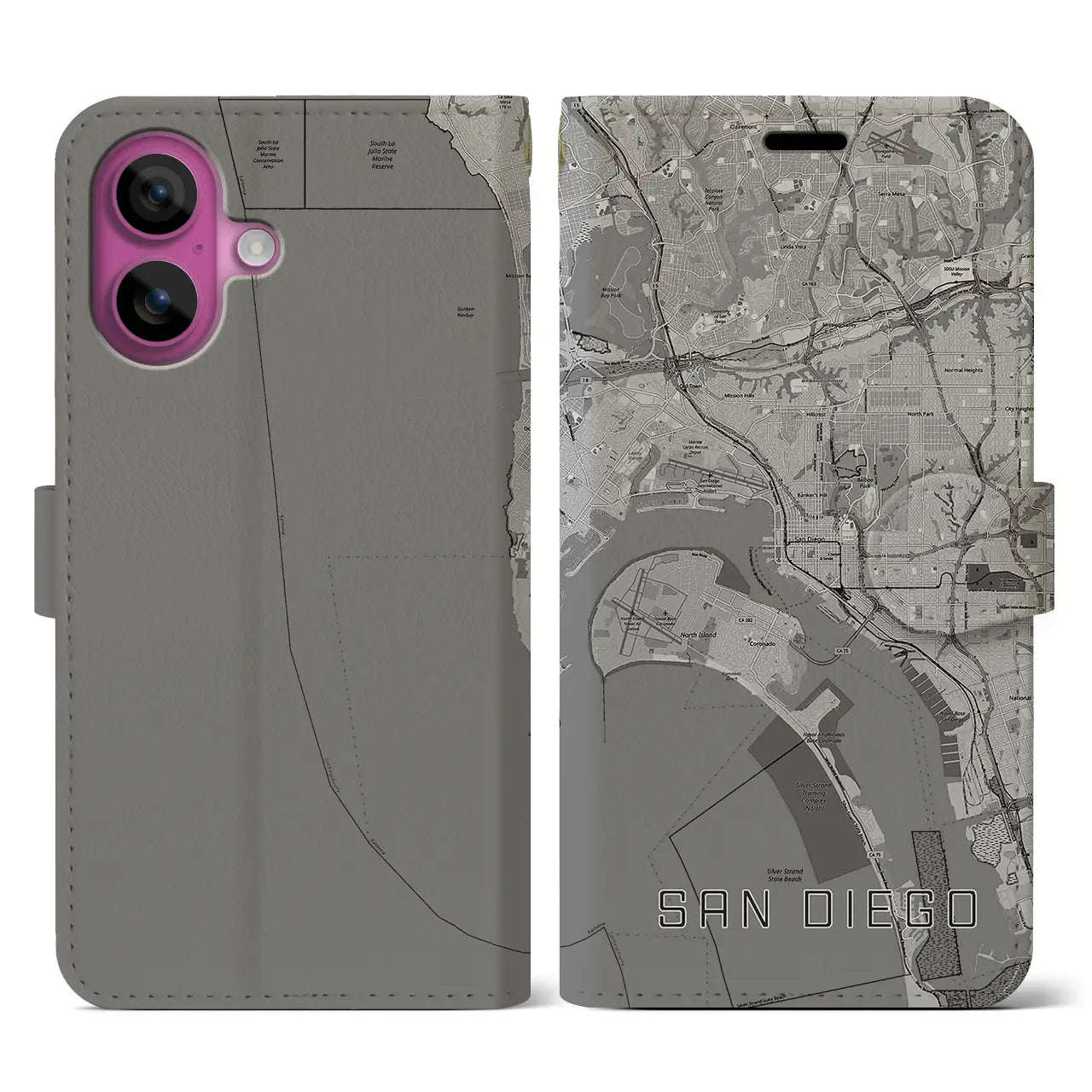 【サンディエゴ(アメリカ)】地図柄iPhoneケース(手帳タイプ)モノトーン・iPhone 16 Pro 用