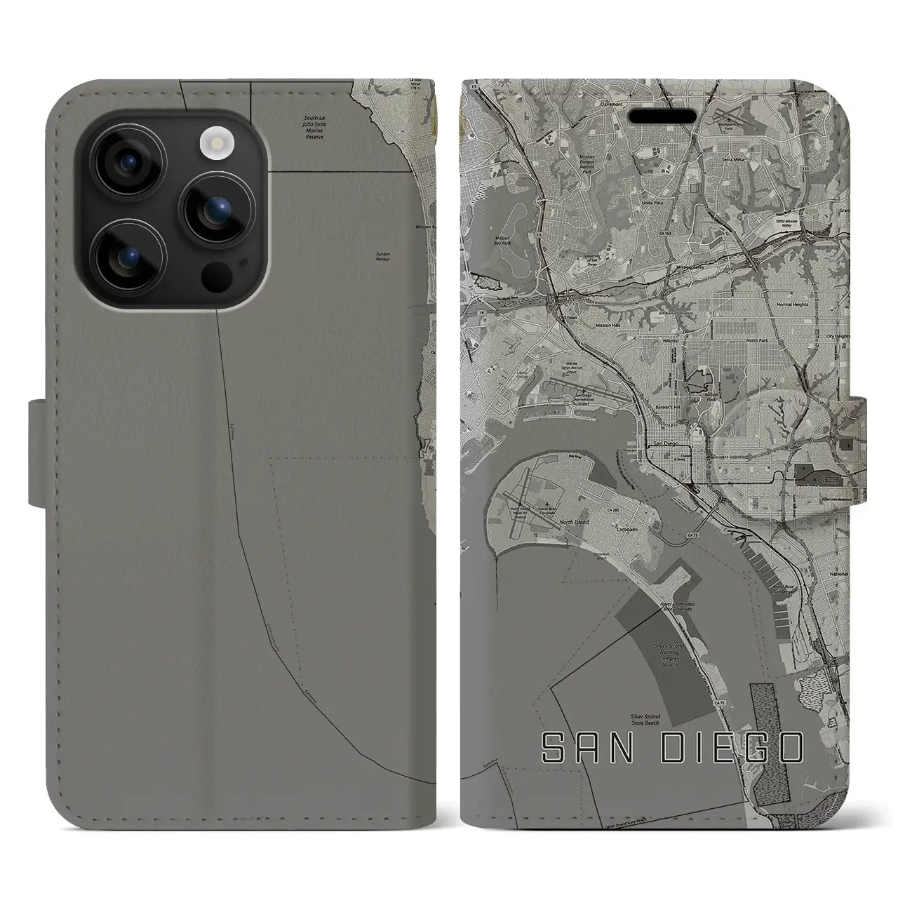 【サンディエゴ(アメリカ)】地図柄iPhoneケース(手帳タイプ)モノトーン・iPhone 16 用