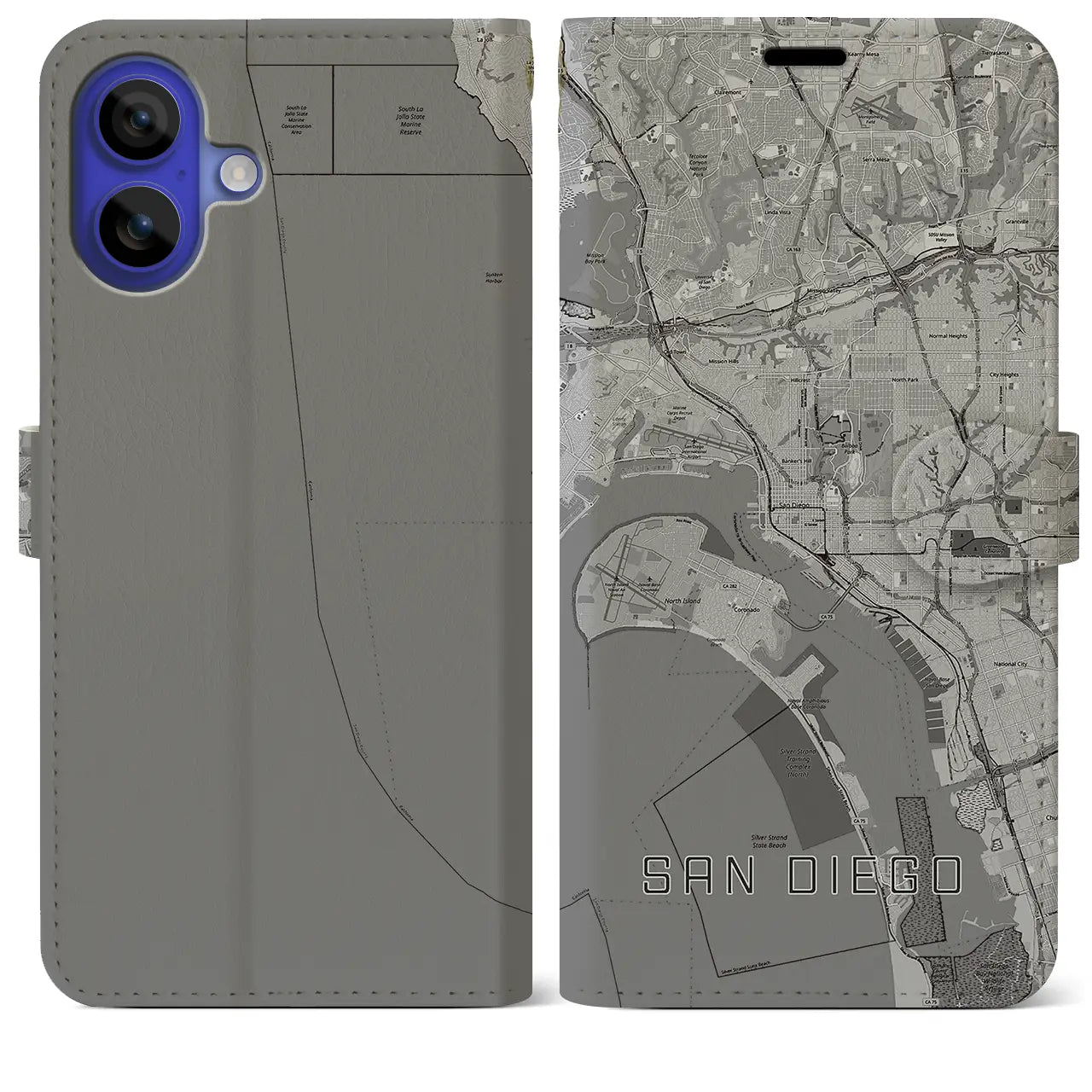 【サンディエゴ(アメリカ)】地図柄iPhoneケース(手帳タイプ)モノトーン・iPhone 16 Pro Max 用