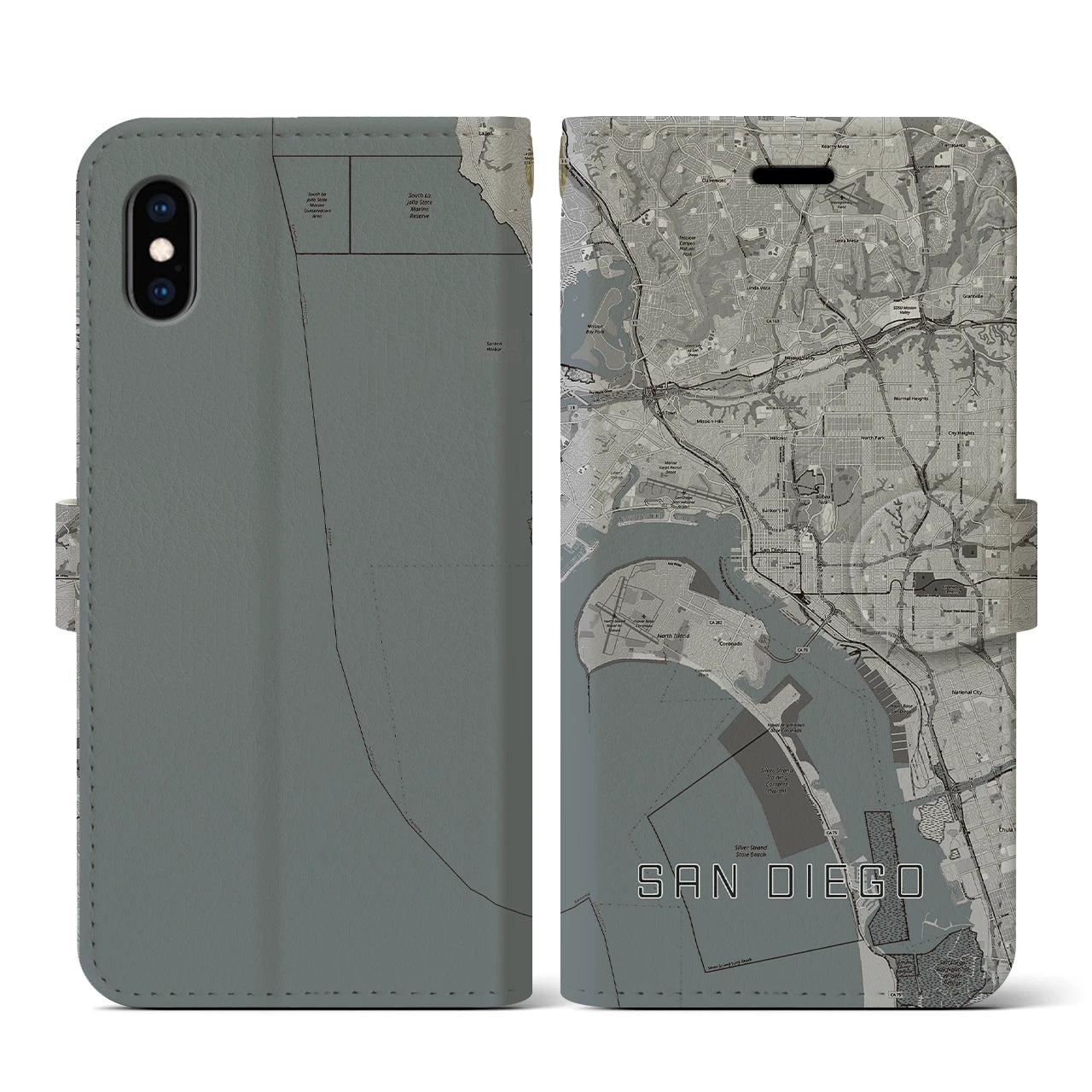 【サンディエゴ(アメリカ)】地図柄iPhoneケース(手帳タイプ)モノトーン・iPhone XS / X 用