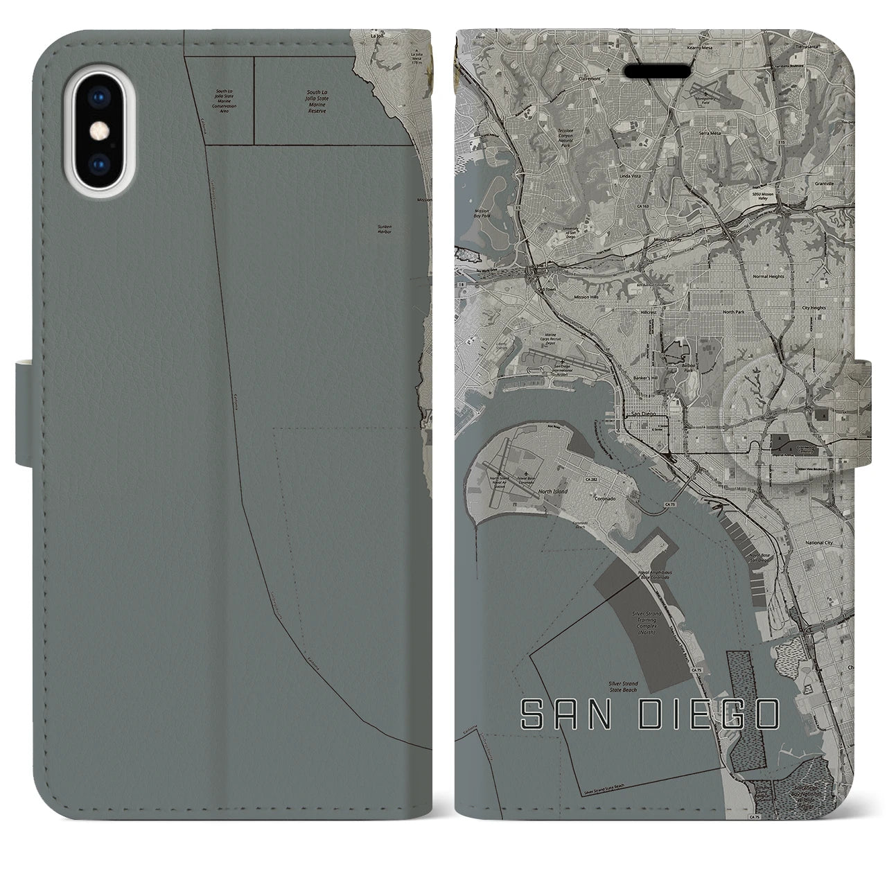 【サンディエゴ(アメリカ)】地図柄iPhoneケース(手帳タイプ)モノトーン・iPhone XS Max 用