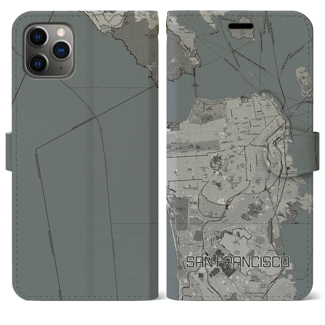 【サンフランシスコ(アメリカ)】地図柄iPhoneケース(手帳タイプ)モノトーン・iPhone 11 Pro Max 用