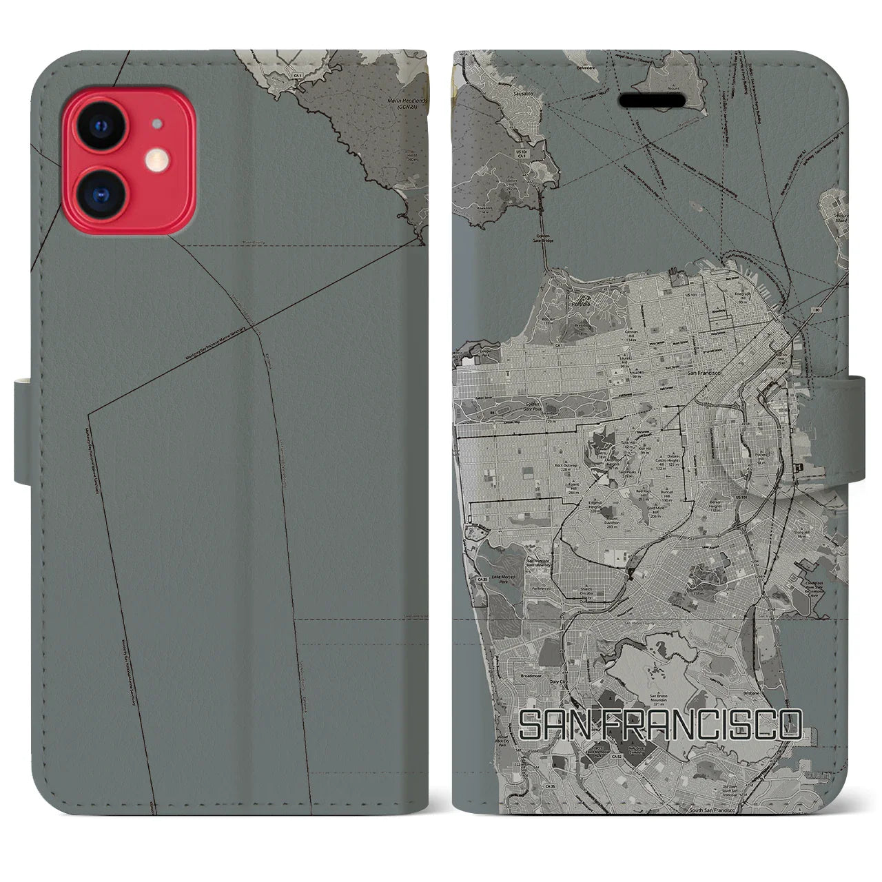 【サンフランシスコ(アメリカ)】地図柄iPhoneケース(手帳タイプ)モノトーン・iPhone 11 用