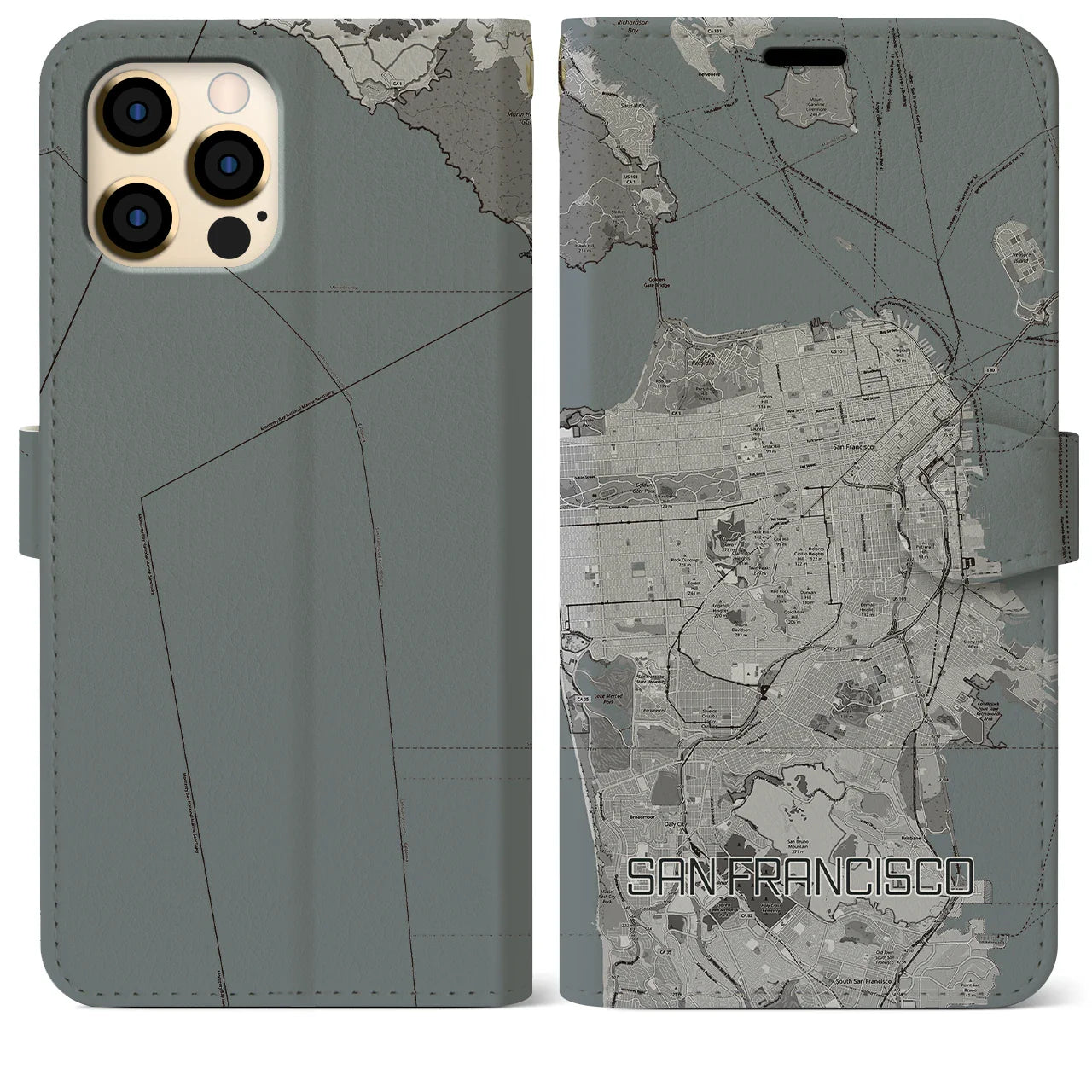 【サンフランシスコ(アメリカ)】地図柄iPhoneケース(手帳タイプ)モノトーン・iPhone 12 Pro Max 用