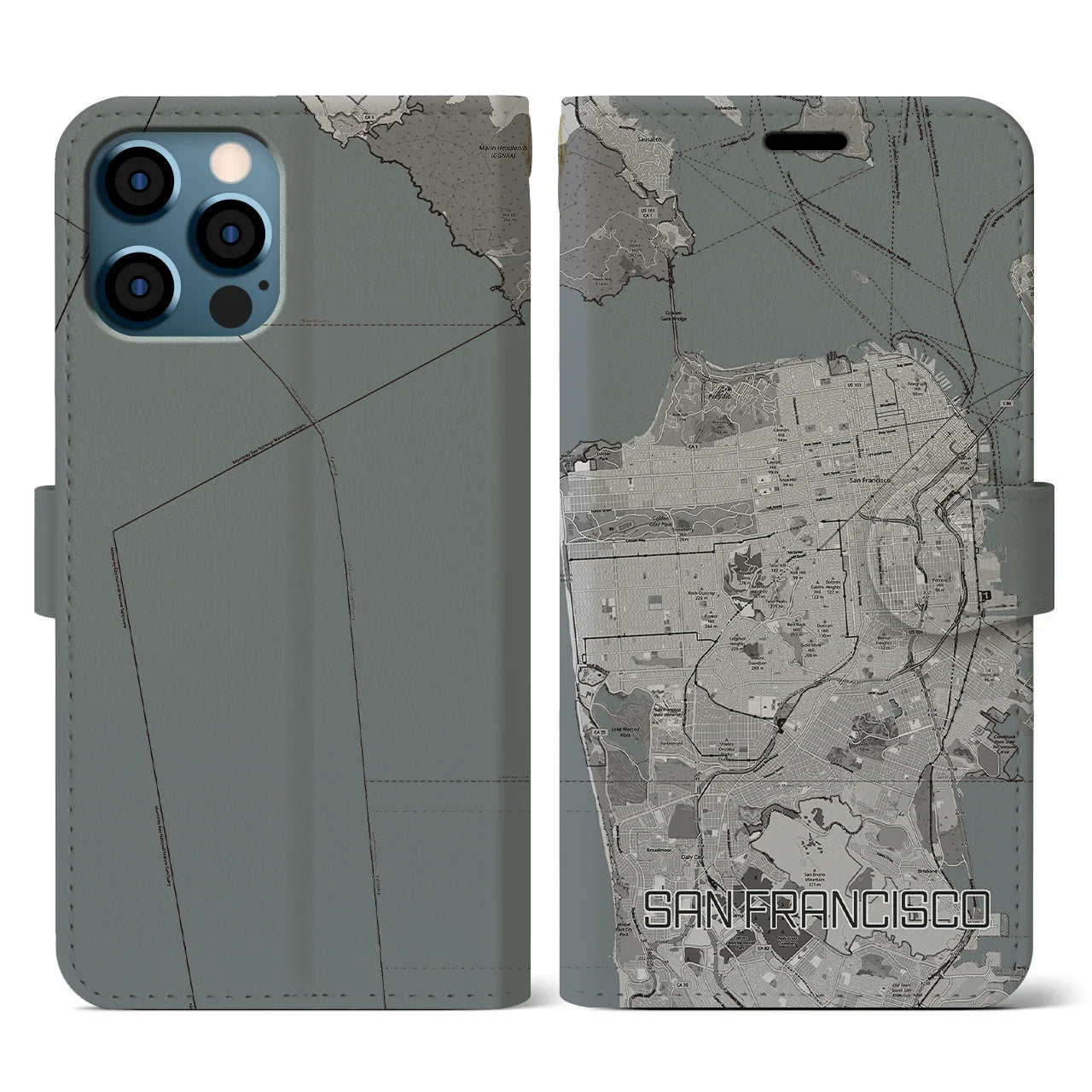 【サンフランシスコ(アメリカ)】地図柄iPhoneケース(手帳タイプ)モノトーン・iPhone 12 / 12 Pro 用