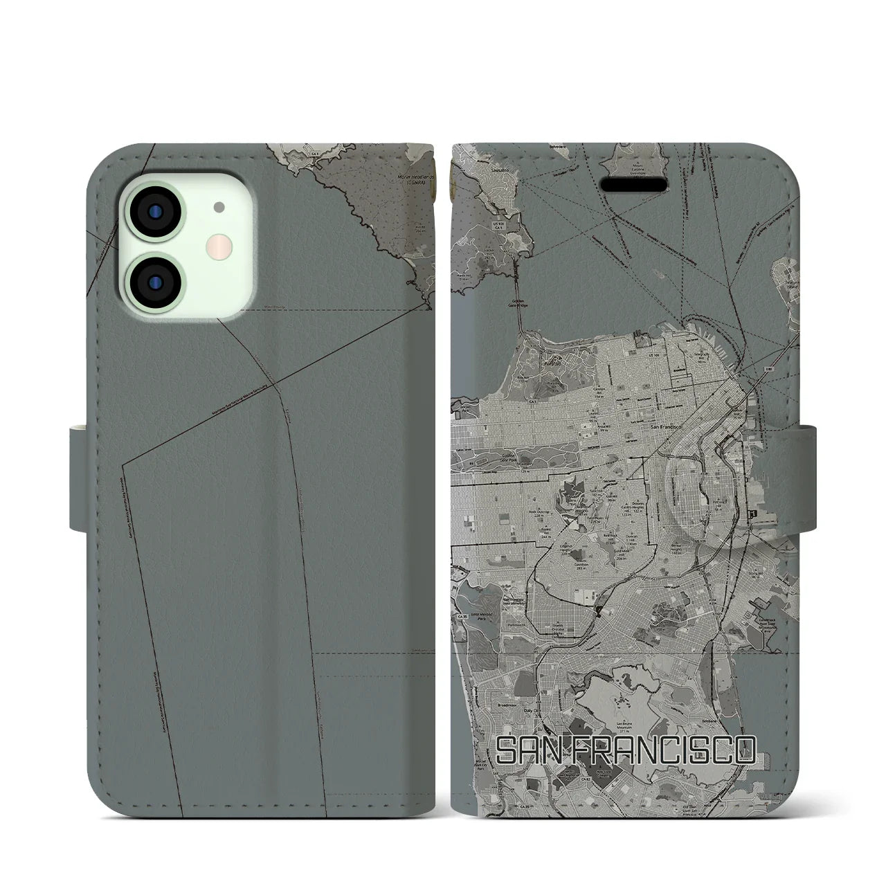 【サンフランシスコ(アメリカ)】地図柄iPhoneケース(手帳タイプ)モノトーン・iPhone 12 mini 用