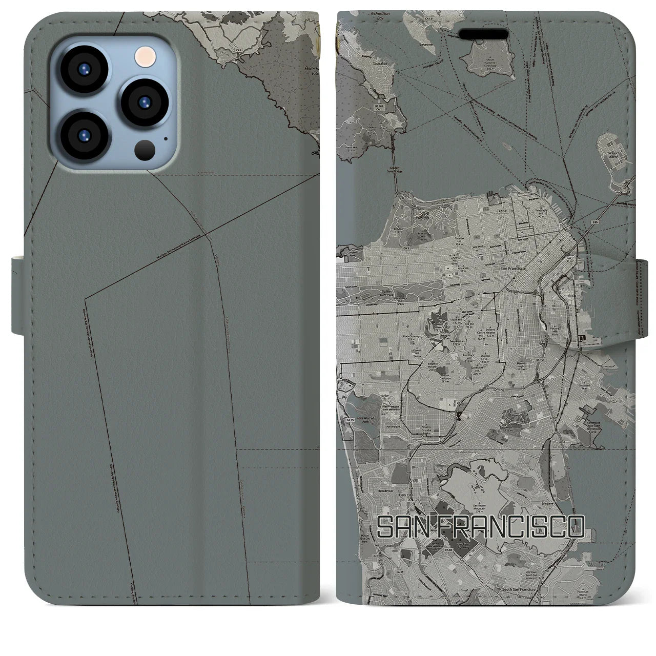 【サンフランシスコ(アメリカ)】地図柄iPhoneケース(手帳タイプ)モノトーン・iPhone 13 Pro Max 用