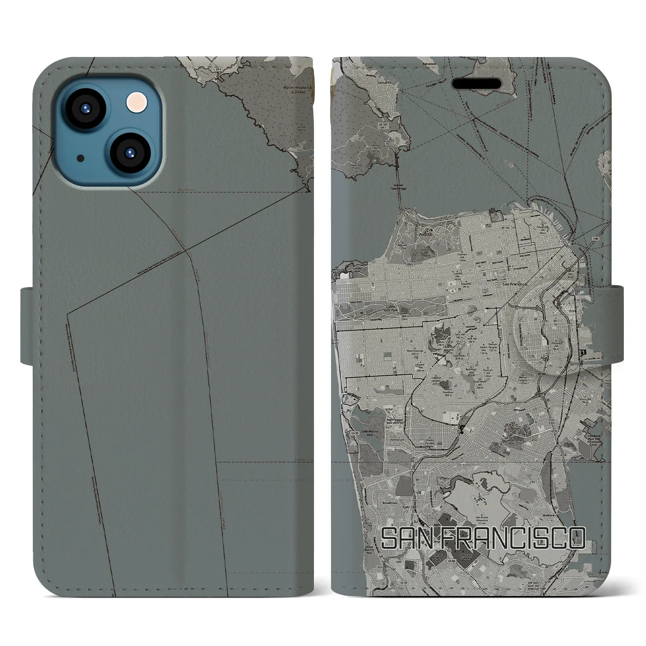 【サンフランシスコ(アメリカ)】地図柄iPhoneケース(手帳タイプ)モノトーン・iPhone 13 用