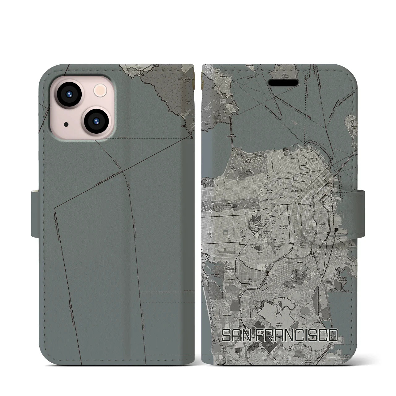【サンフランシスコ(アメリカ)】地図柄iPhoneケース(手帳タイプ)モノトーン・iPhone 13 mini 用