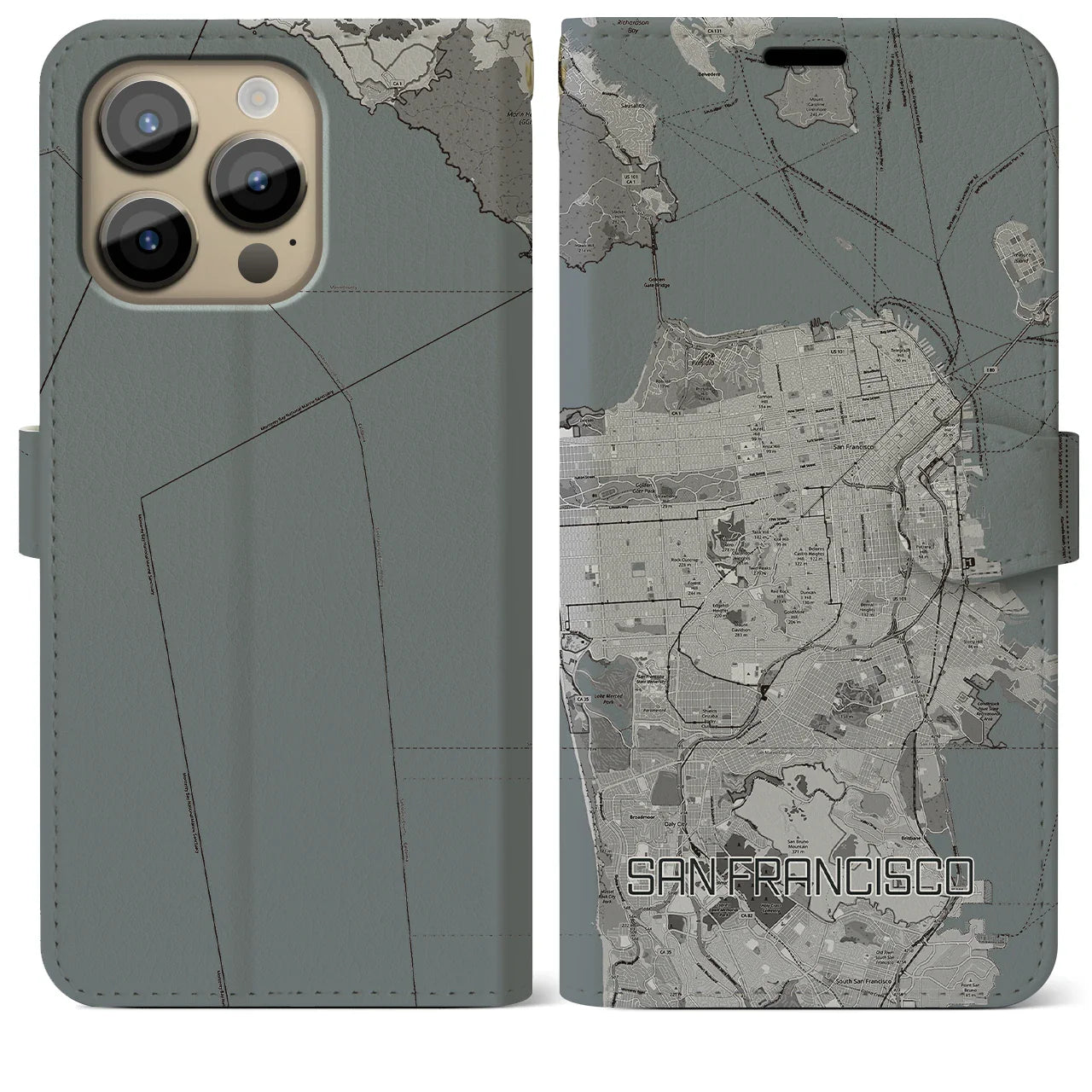 【サンフランシスコ(アメリカ)】地図柄iPhoneケース(手帳タイプ)モノトーン・iPhone 14 Pro Max 用