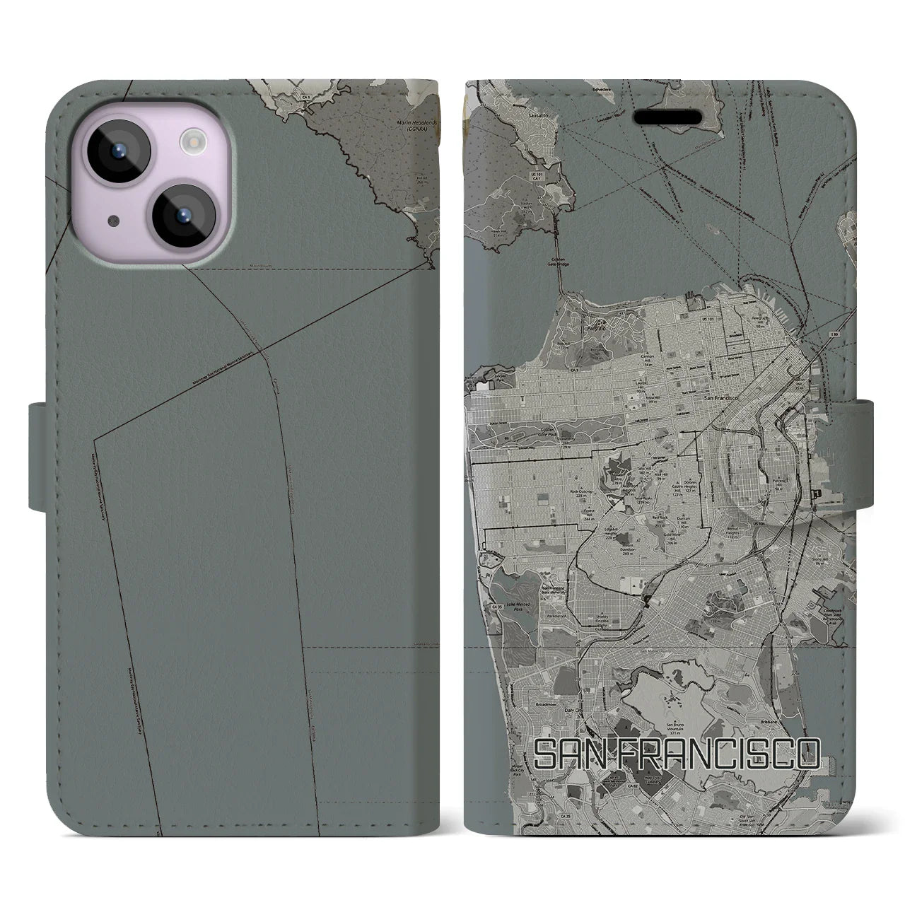 【サンフランシスコ(アメリカ)】地図柄iPhoneケース(手帳タイプ)モノトーン・iPhone 14 用