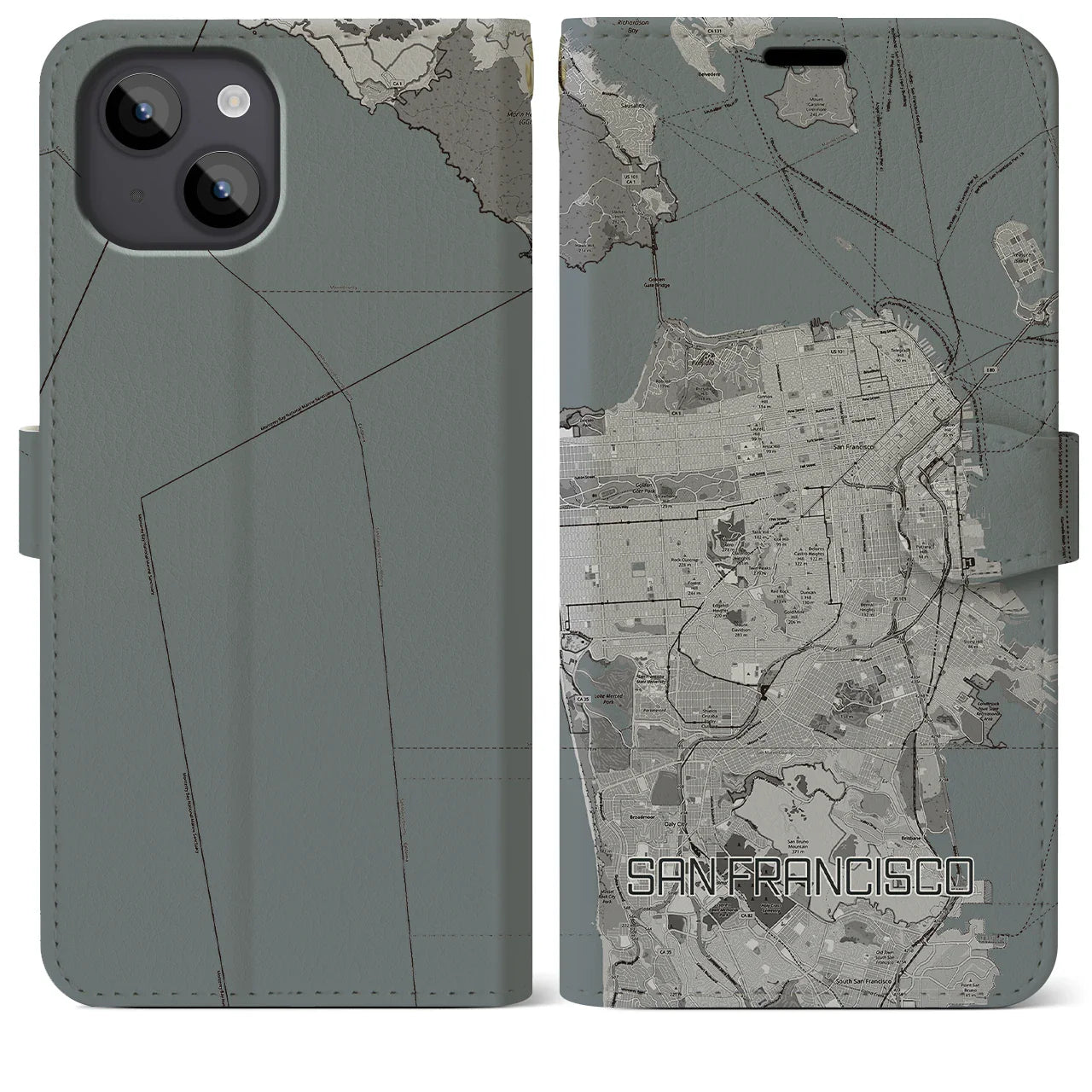 【サンフランシスコ(アメリカ)】地図柄iPhoneケース(手帳タイプ)モノトーン・iPhone 14 Plus 用
