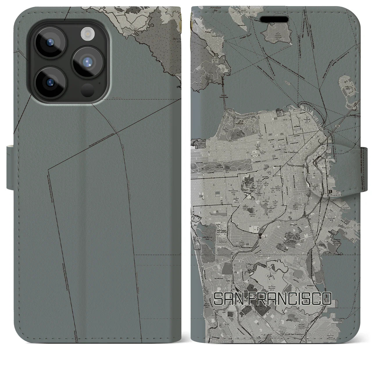 【サンフランシスコ(アメリカ)】地図柄iPhoneケース(手帳タイプ)モノトーン・iPhone 15 Pro Max 用